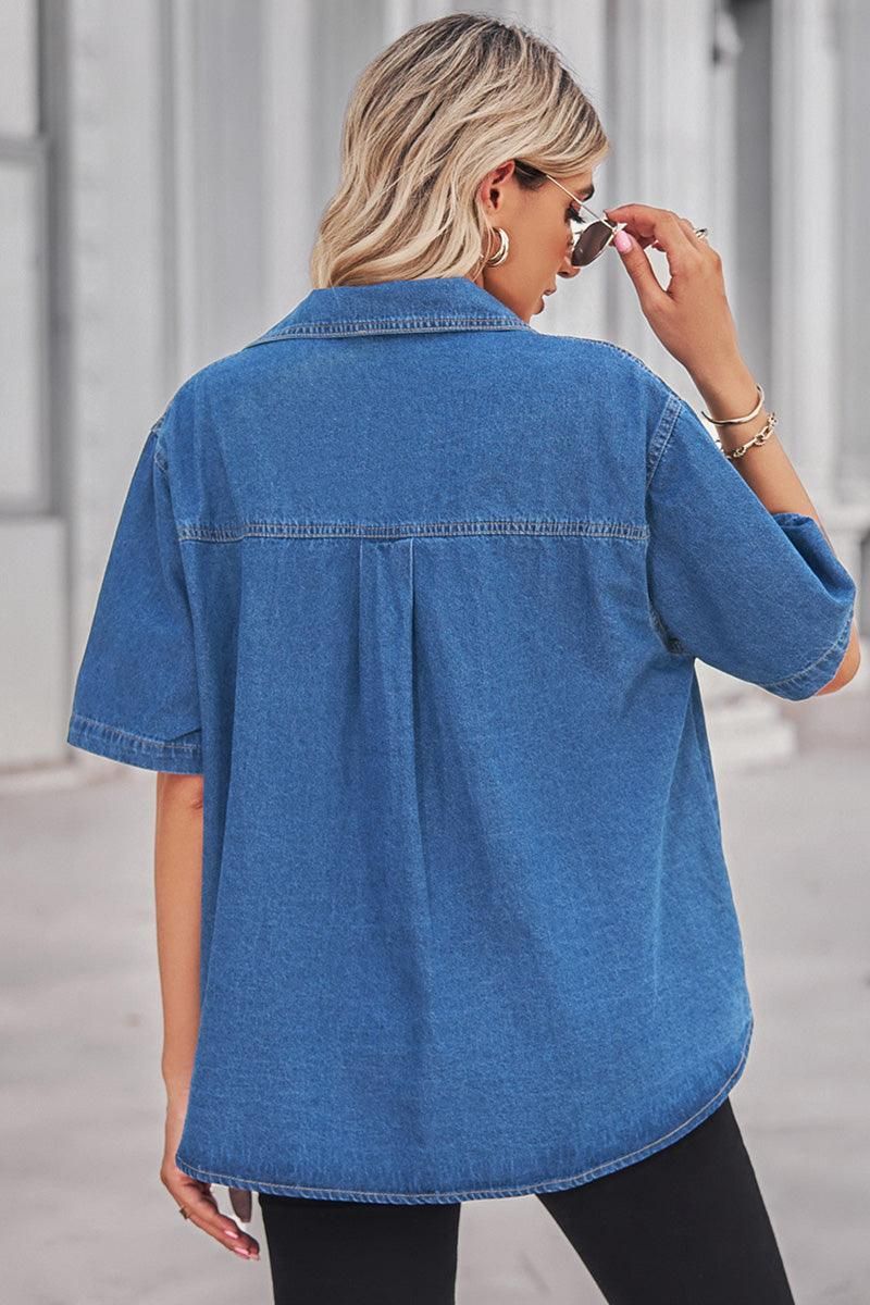 SIMPLE POKCET DENIM SHORT SLEEVE SHIRTS - Doublju