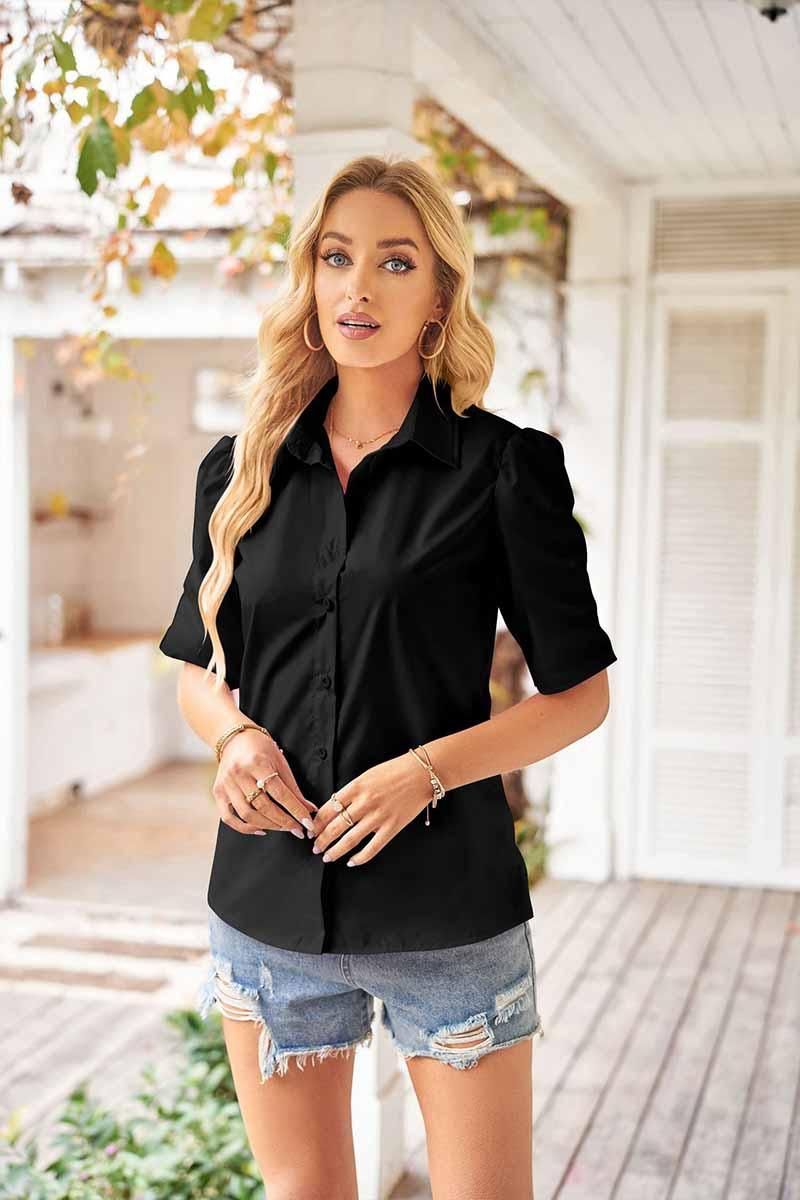 COLLAR BUTTON UP PUFF SHORT SLEEVE SHIRTS - Doublju