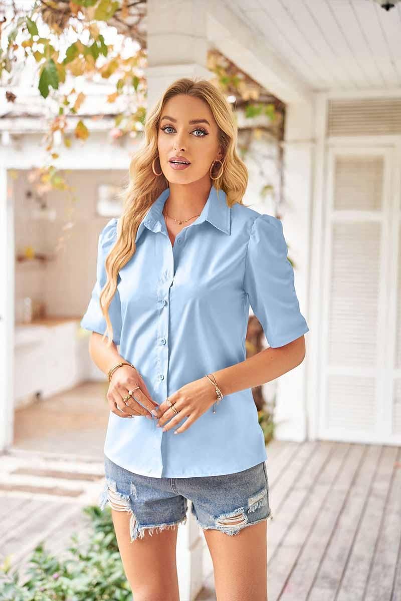 COLLAR BUTTON UP PUFF SHORT SLEEVE SHIRTS - Doublju