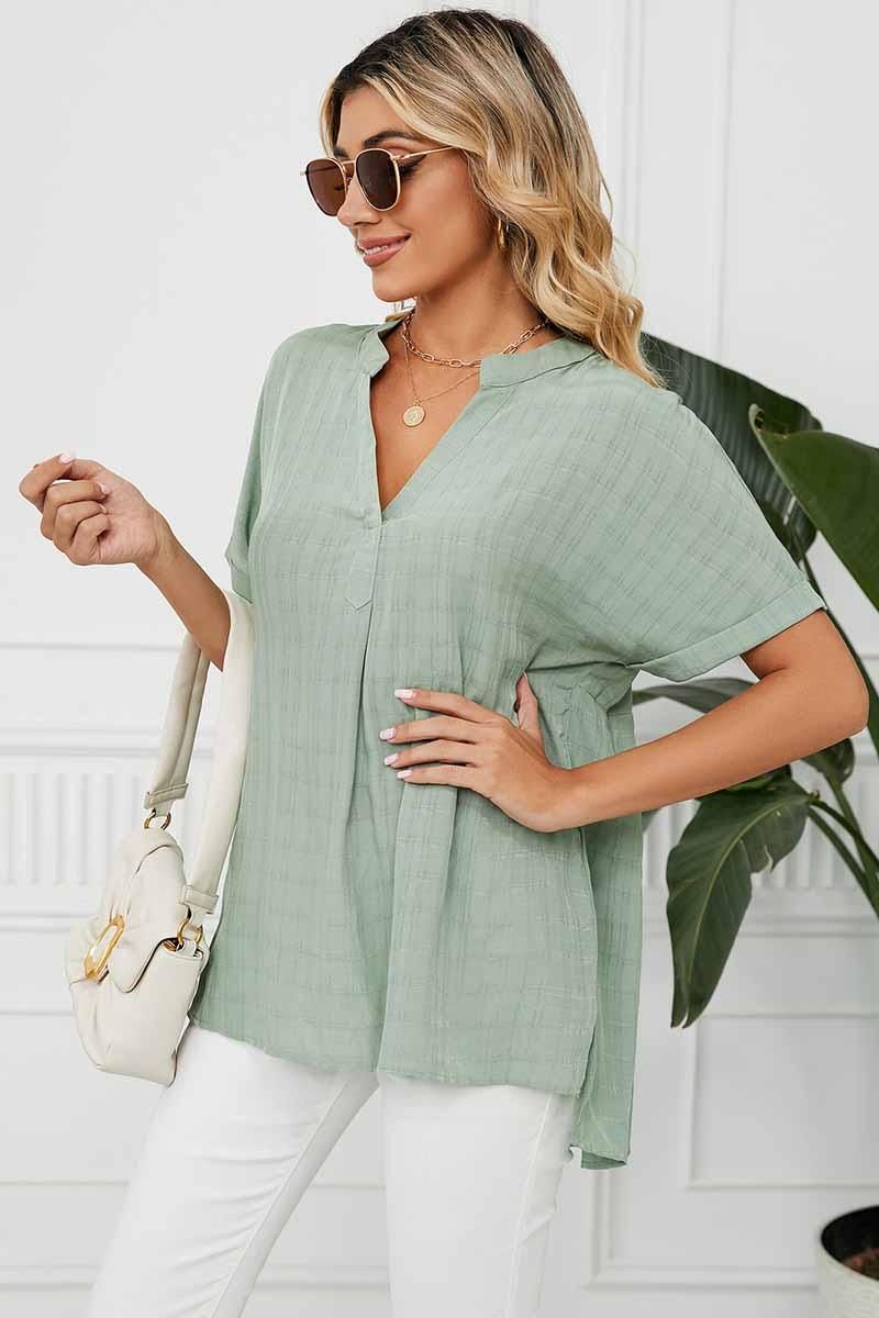 V NECK ROLL UP SHORT SLEEVES LOOSE FIT SHIRTS - Doublju