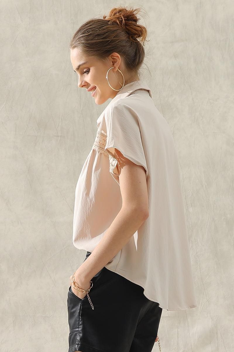 LACE POINT BUTTON UP LOOSE COLLAR SHIRTS - Doublju