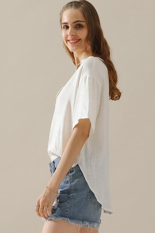 V COLLAR NECK BUTTON LOOSE LINEN SHIRTS - Doublju
