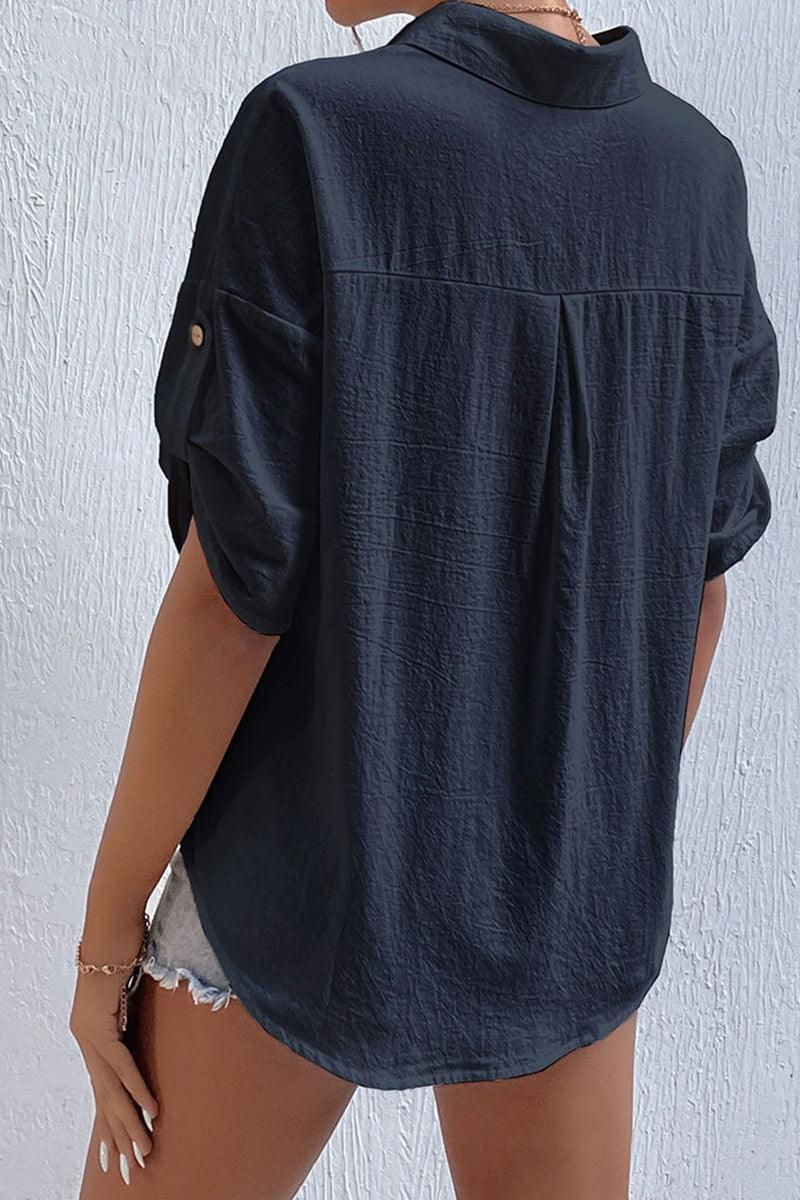 ROLL UP POCKET BUTTON UP LOOSE COLLAR SHIRTS - Doublju