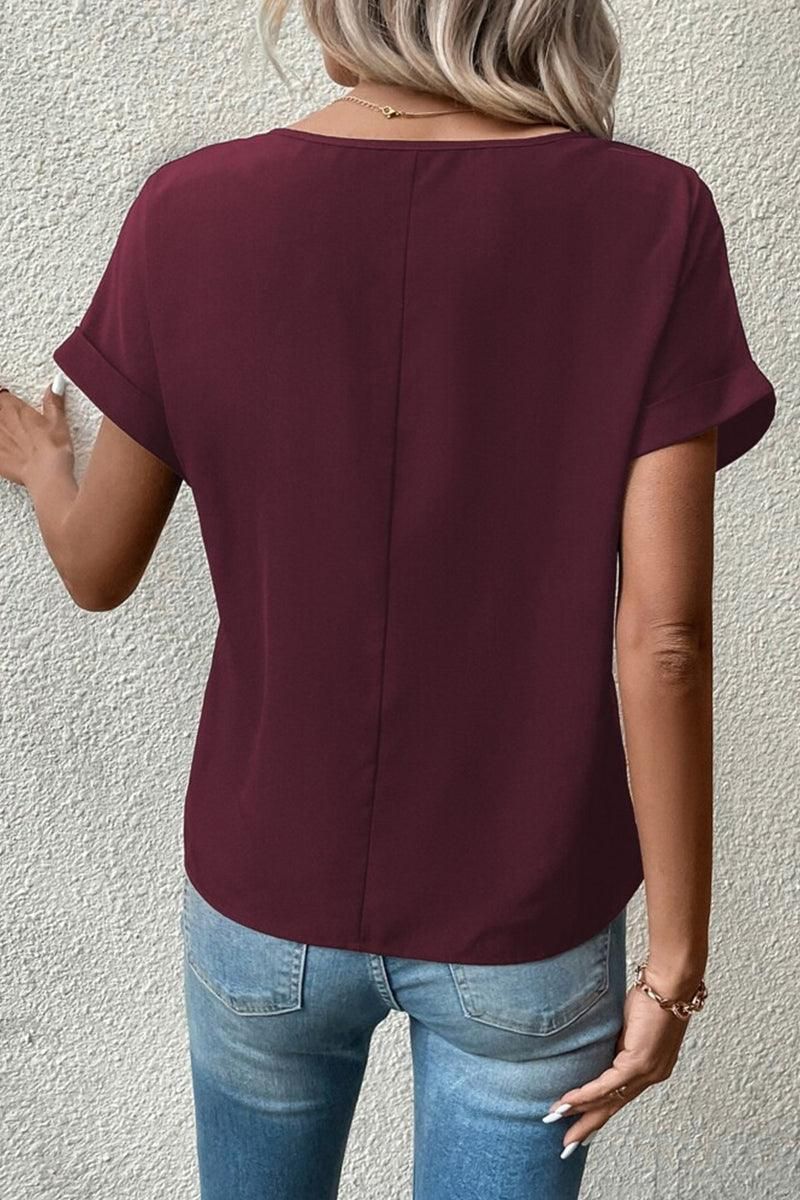 HALF ZIP UP ROLLED SLEEVE WOMEN T SHIRT - Doublju