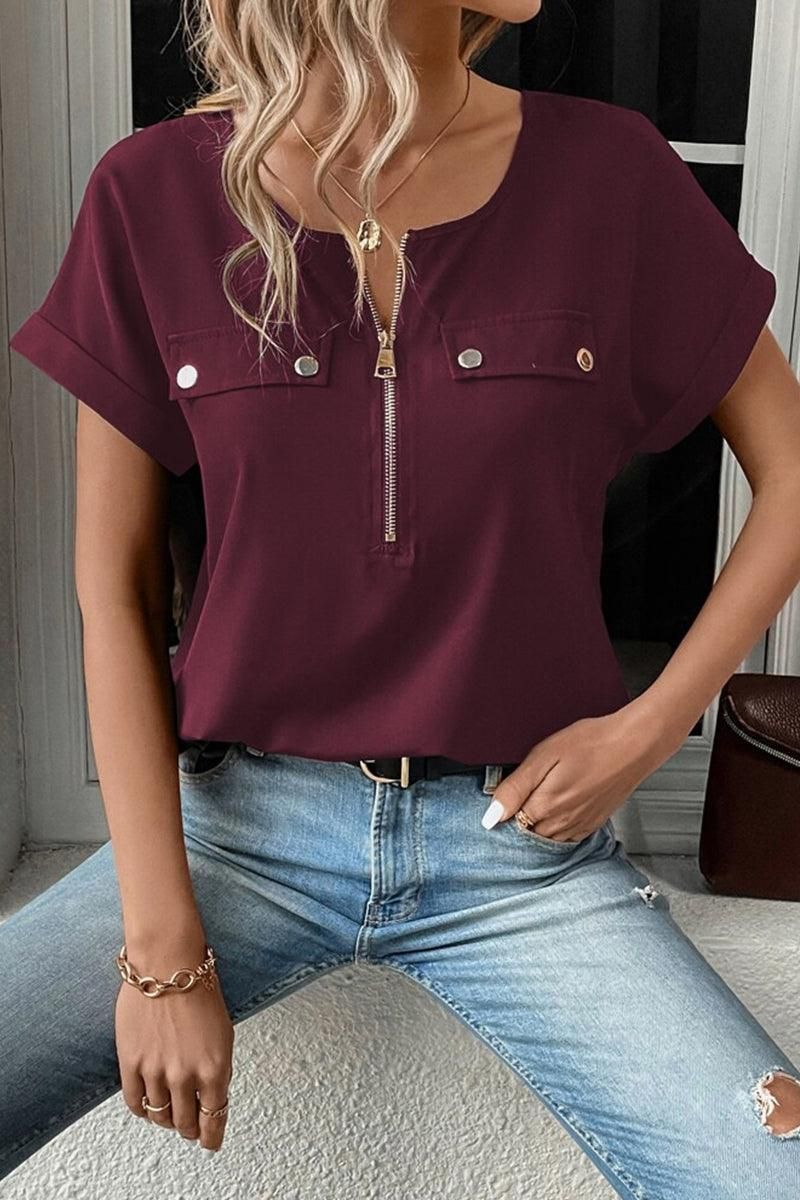 HALF ZIP UP ROLLED SLEEVE WOMEN T SHIRT - Doublju