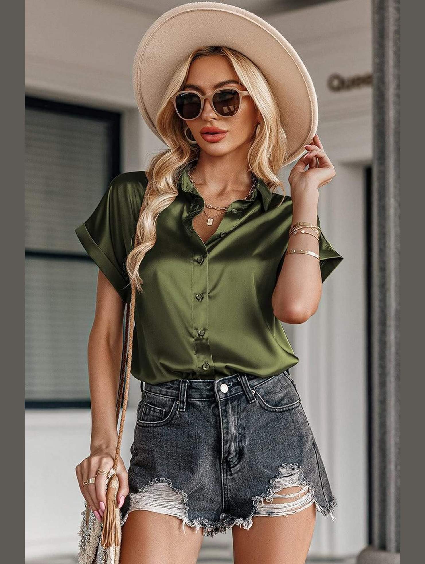 BUTTON DOWN ROLLED SHORT SLEEVE WOMEN BLOUSE - Doublju