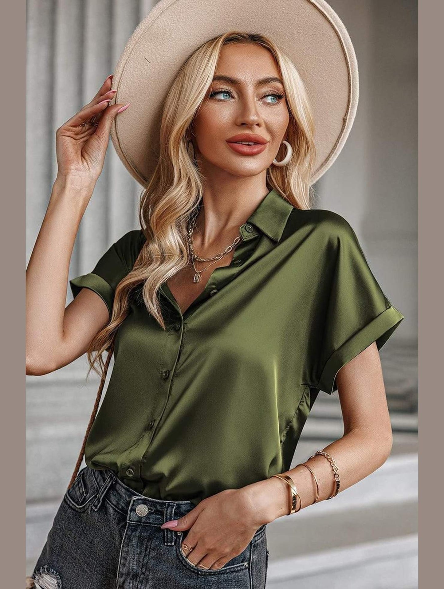 BUTTON DOWN ROLLED SHORT SLEEVE WOMEN BLOUSE - Doublju