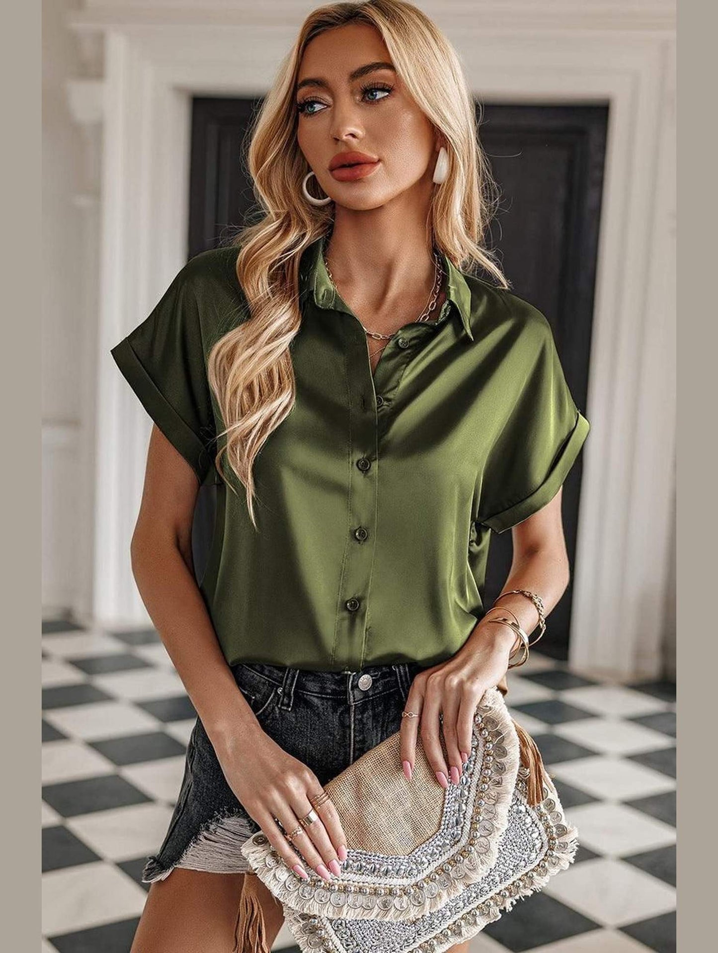 BUTTON DOWN ROLLED SHORT SLEEVE WOMEN BLOUSE - Doublju