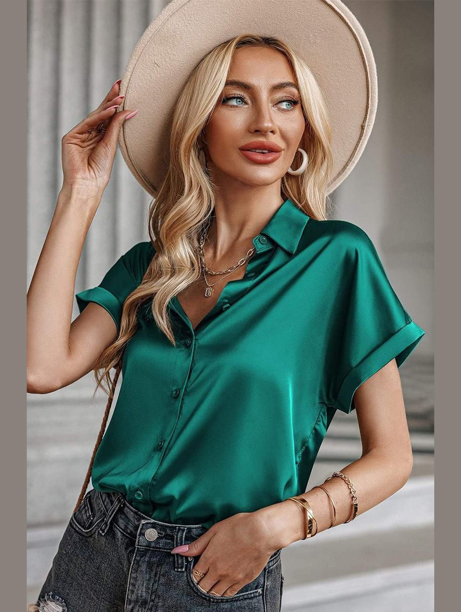BUTTON DOWN ROLLED SHORT SLEEVE WOMEN BLOUSE - Doublju