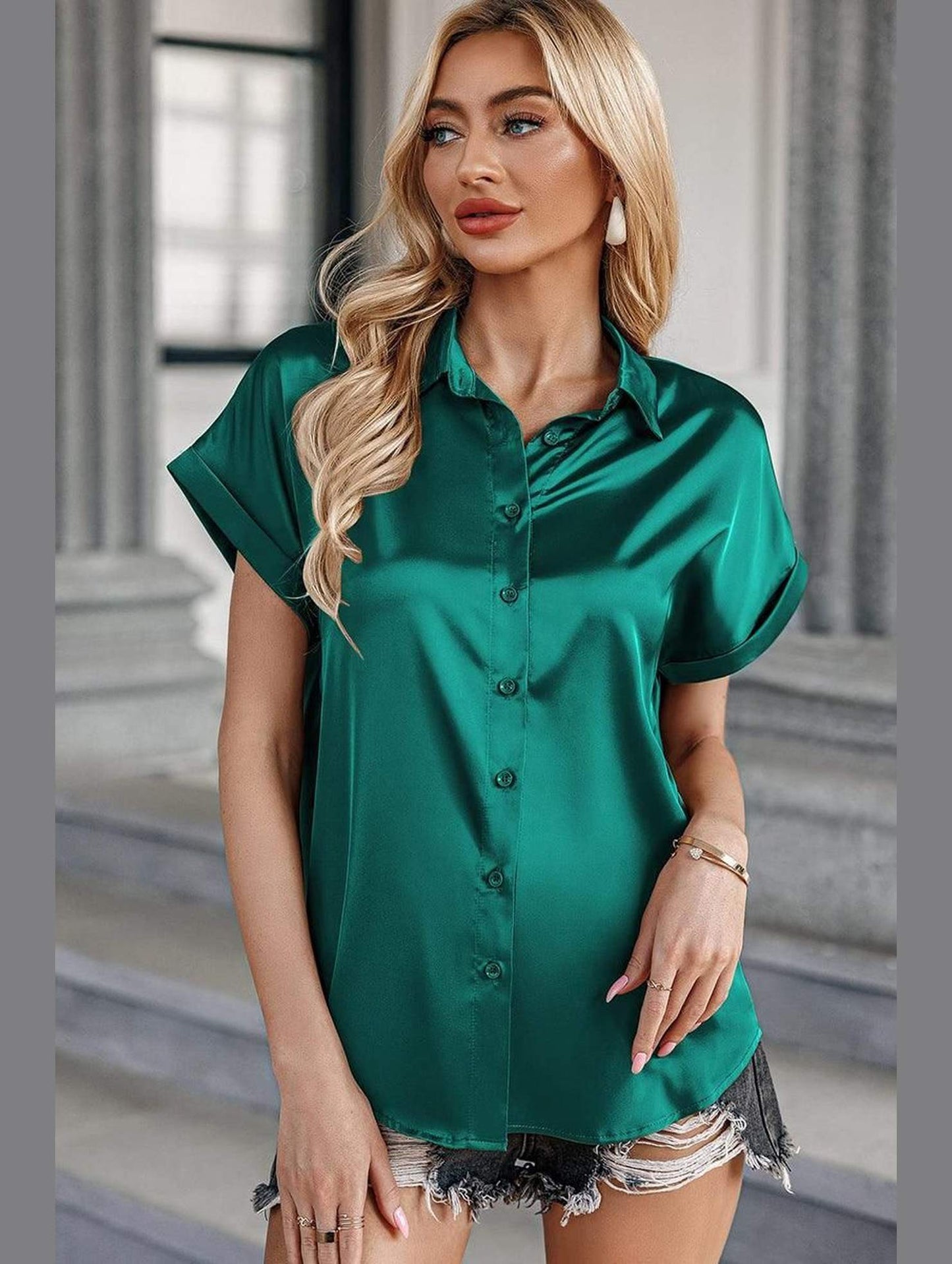BUTTON DOWN ROLLED SHORT SLEEVE WOMEN BLOUSE - Doublju