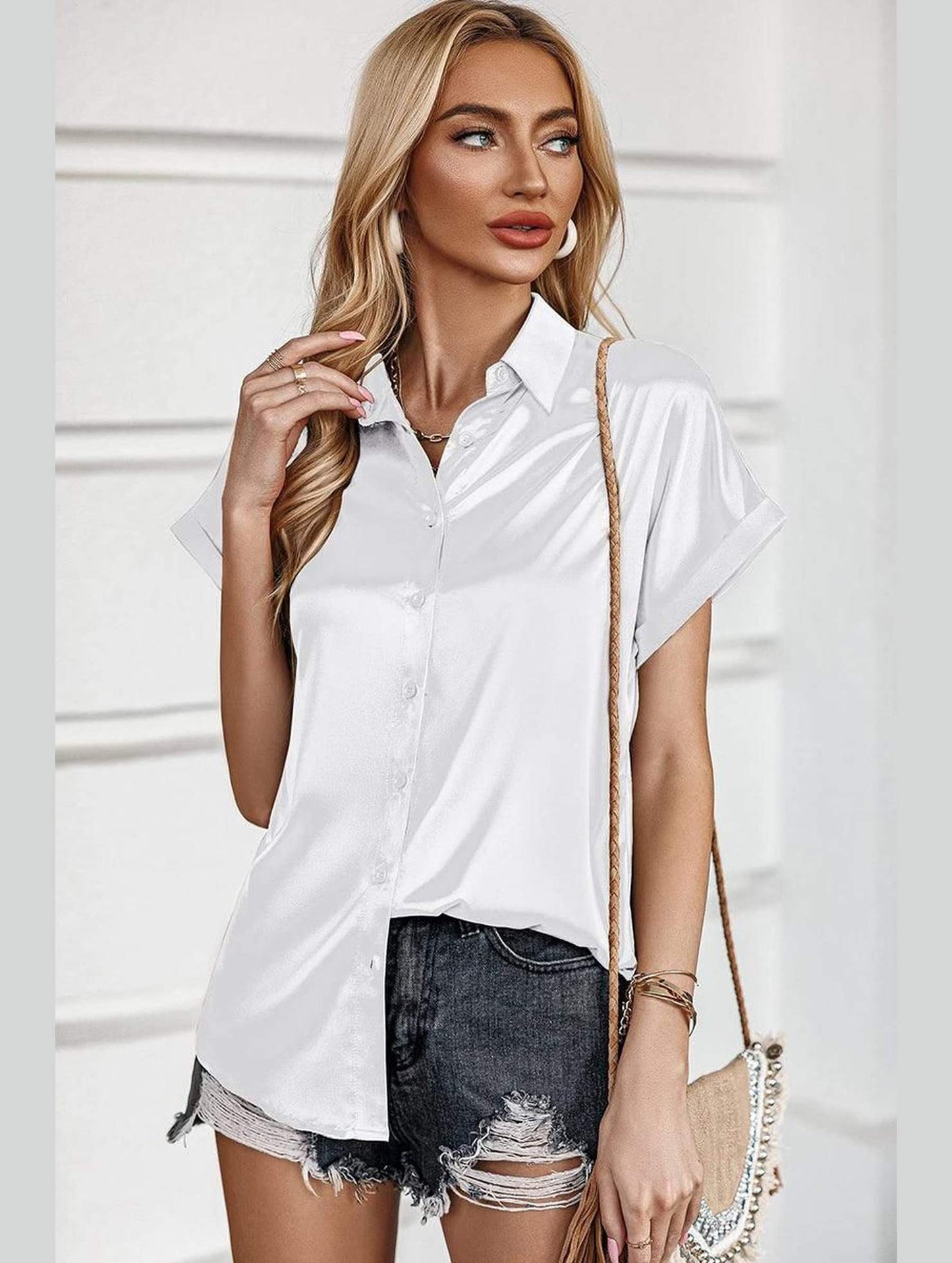 BUTTON DOWN ROLLED SHORT SLEEVE WOMEN BLOUSE - Doublju