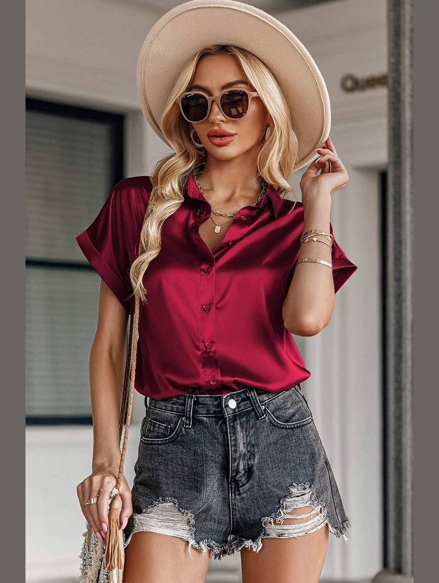 BUTTON DOWN ROLLED SHORT SLEEVE WOMEN BLOUSE - Doublju