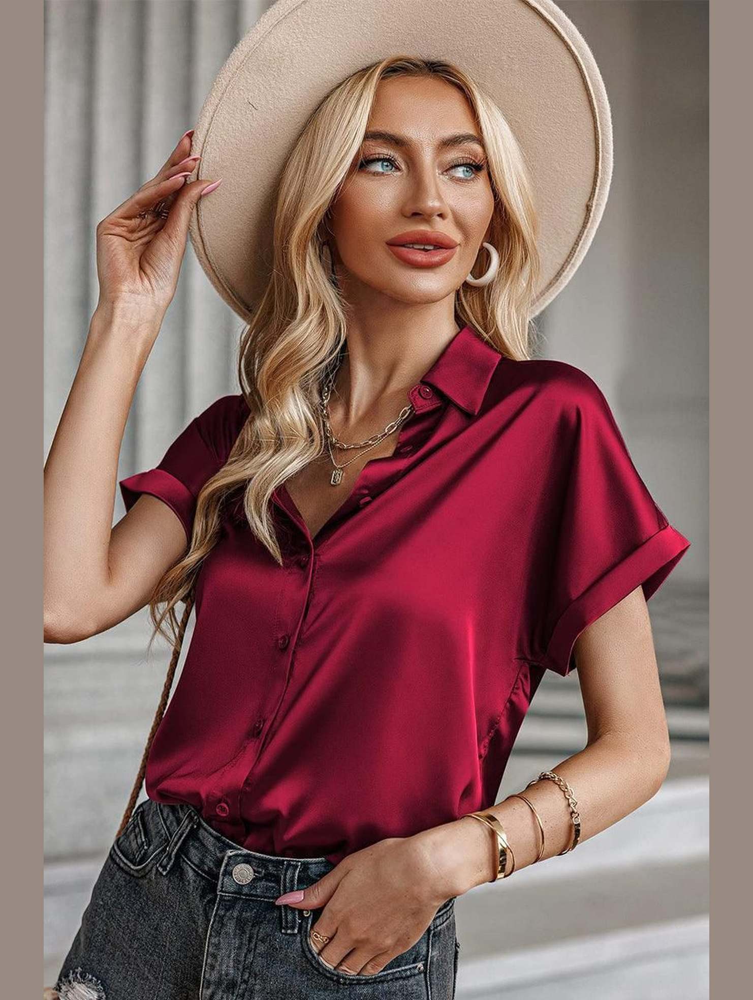 BUTTON DOWN ROLLED SHORT SLEEVE WOMEN BLOUSE - Doublju