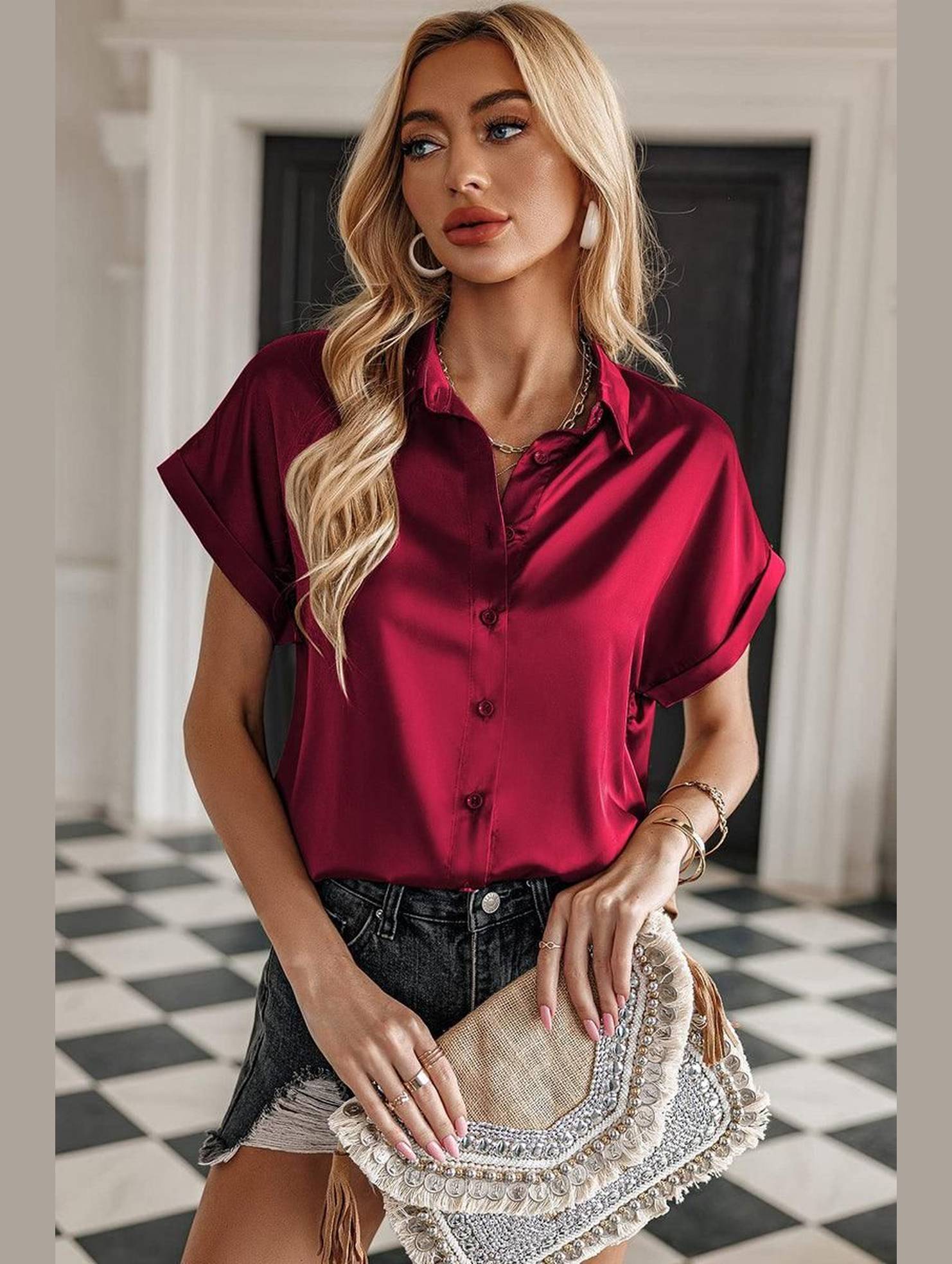 BUTTON DOWN ROLLED SHORT SLEEVE WOMEN BLOUSE - Doublju