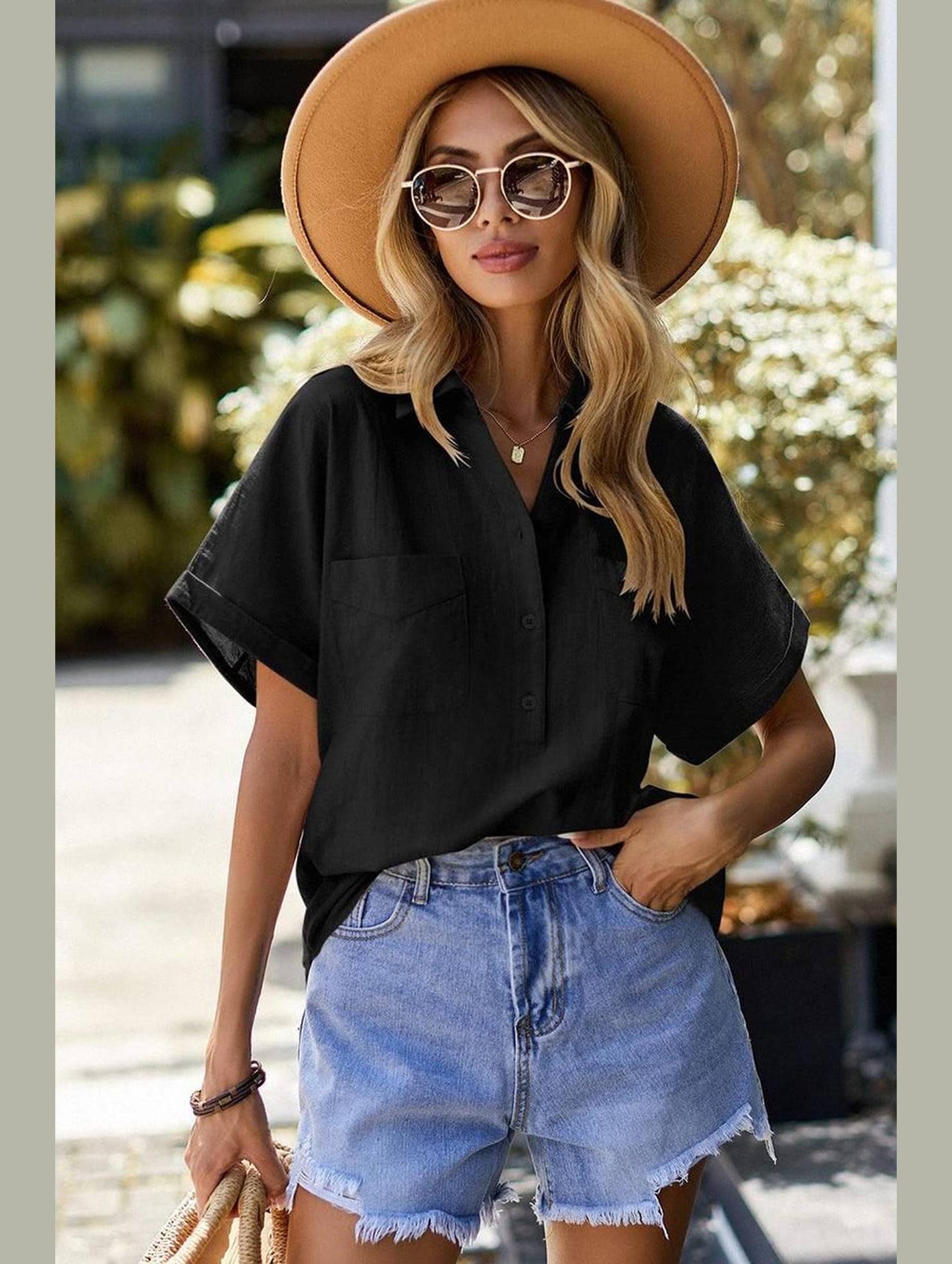 HALF BUTTON NECK WOMEN CASUAL T SHIRT - Doublju