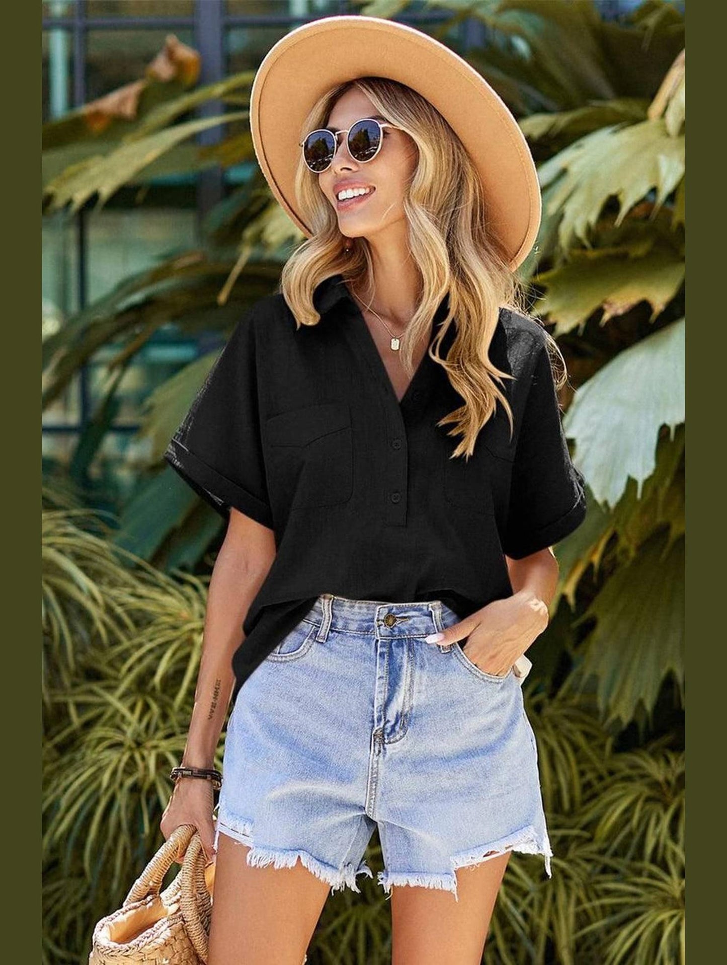 HALF BUTTON NECK WOMEN CASUAL T SHIRT - Doublju