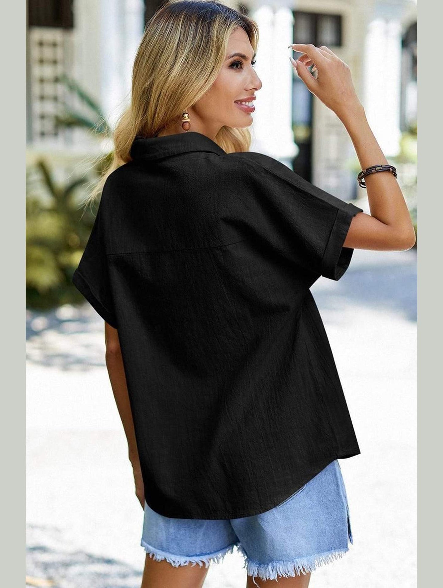 HALF BUTTON NECK WOMEN CASUAL T SHIRT - Doublju