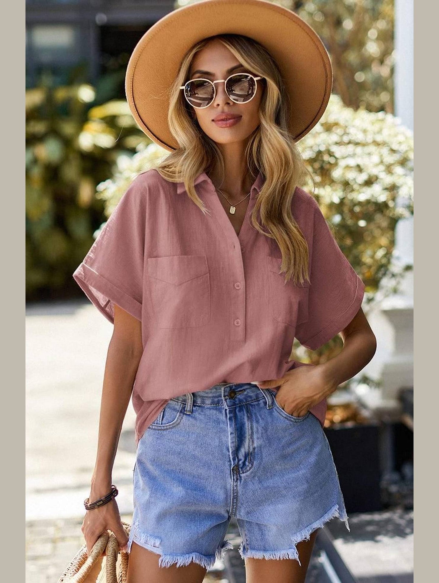 HALF BUTTON NECK WOMEN CASUAL T SHIRT - Doublju