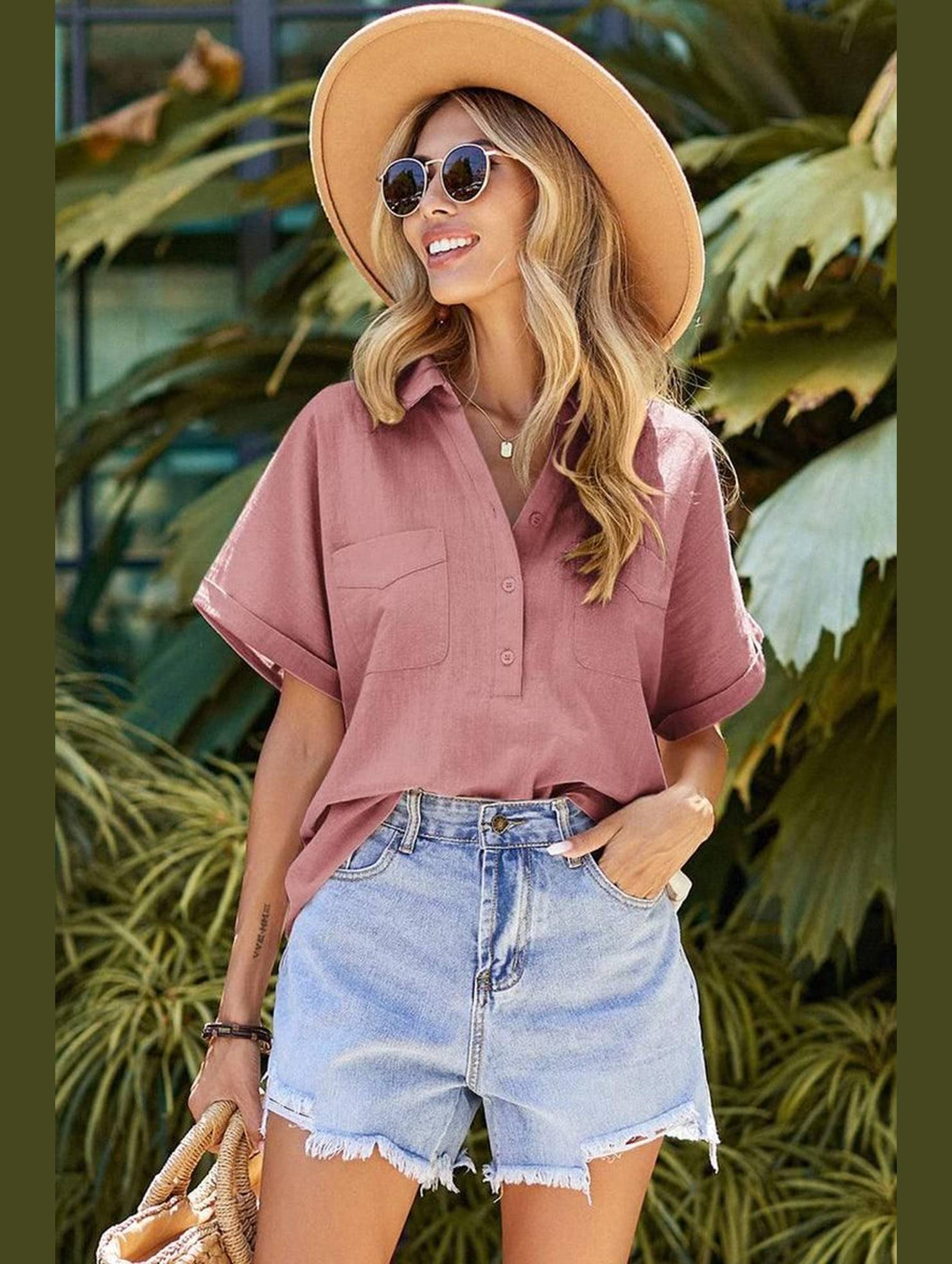 HALF BUTTON NECK WOMEN CASUAL T SHIRT - Doublju