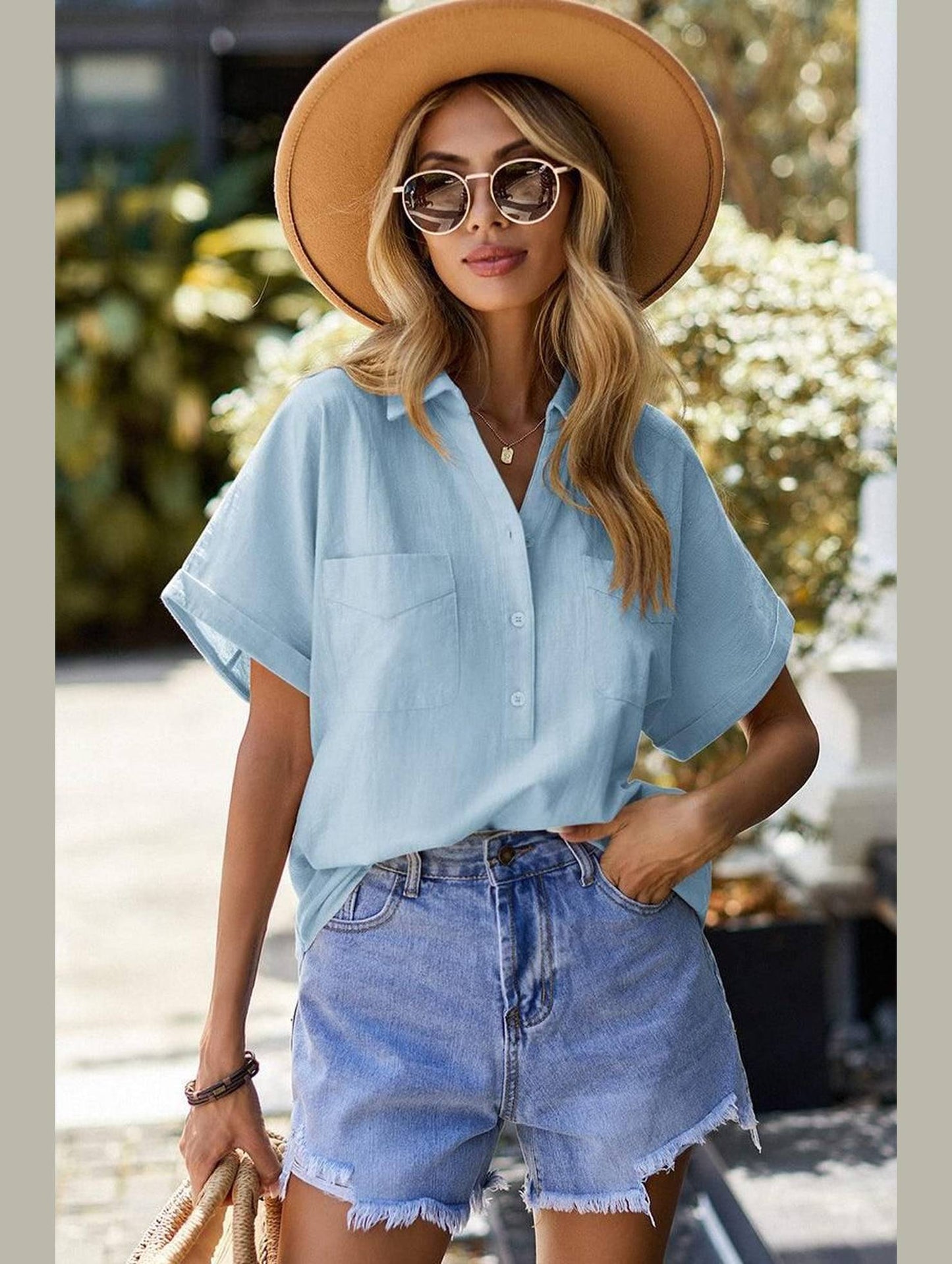 HALF BUTTON NECK WOMEN CASUAL T SHIRT - Doublju