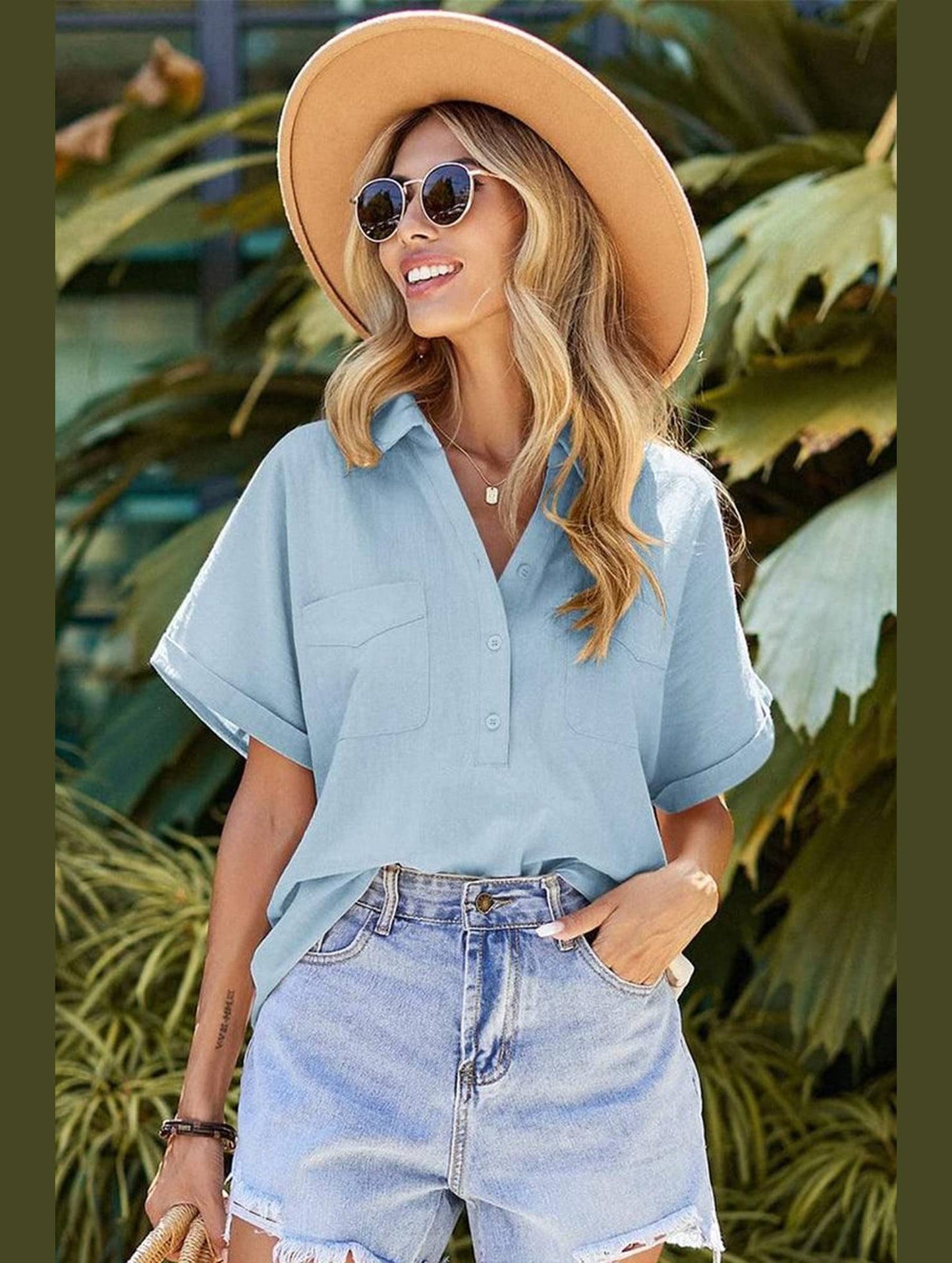 HALF BUTTON NECK WOMEN CASUAL T SHIRT - Doublju