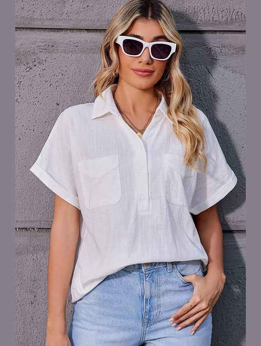 HALF BUTTON NECK WOMEN CASUAL T SHIRT - Doublju