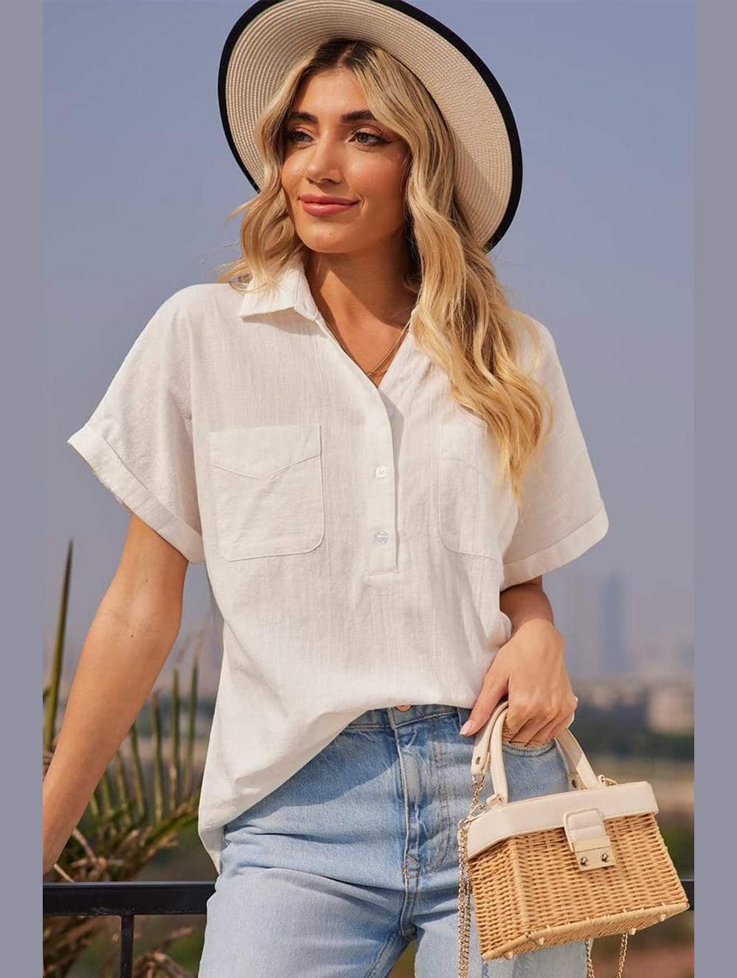 HALF BUTTON NECK WOMEN CASUAL T SHIRT - Doublju