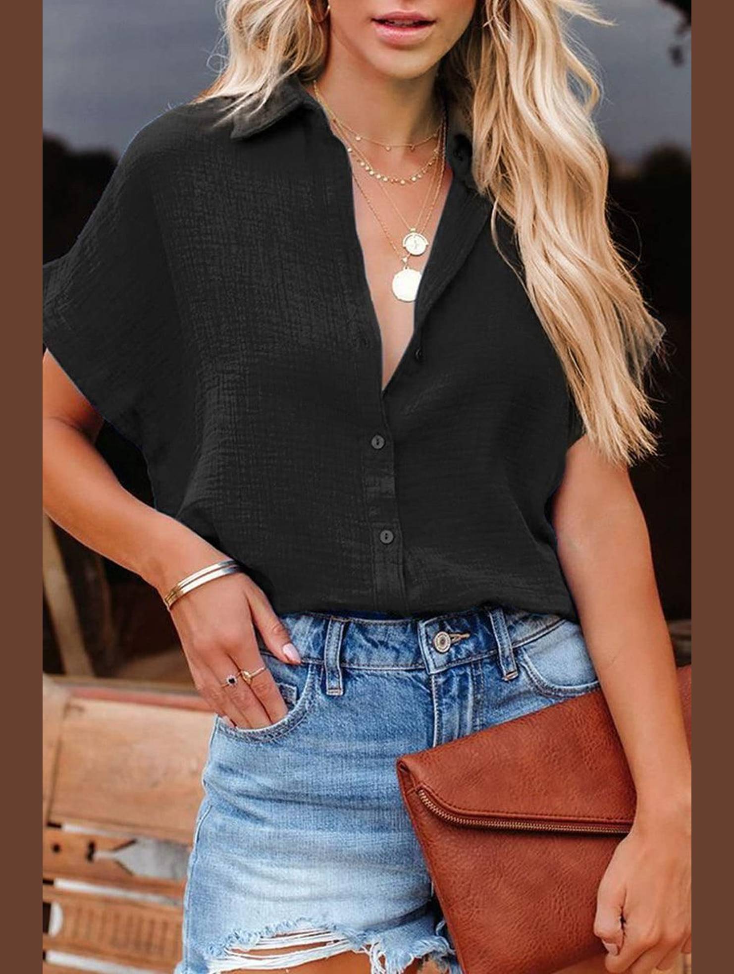 LOOSE FIT BUTTON DOWN WOMEN CASUAL SHIRT - Doublju