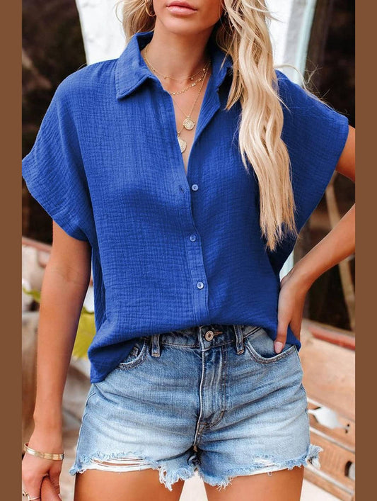 LOOSE FIT BUTTON DOWN WOMEN CASUAL SHIRT - Doublju