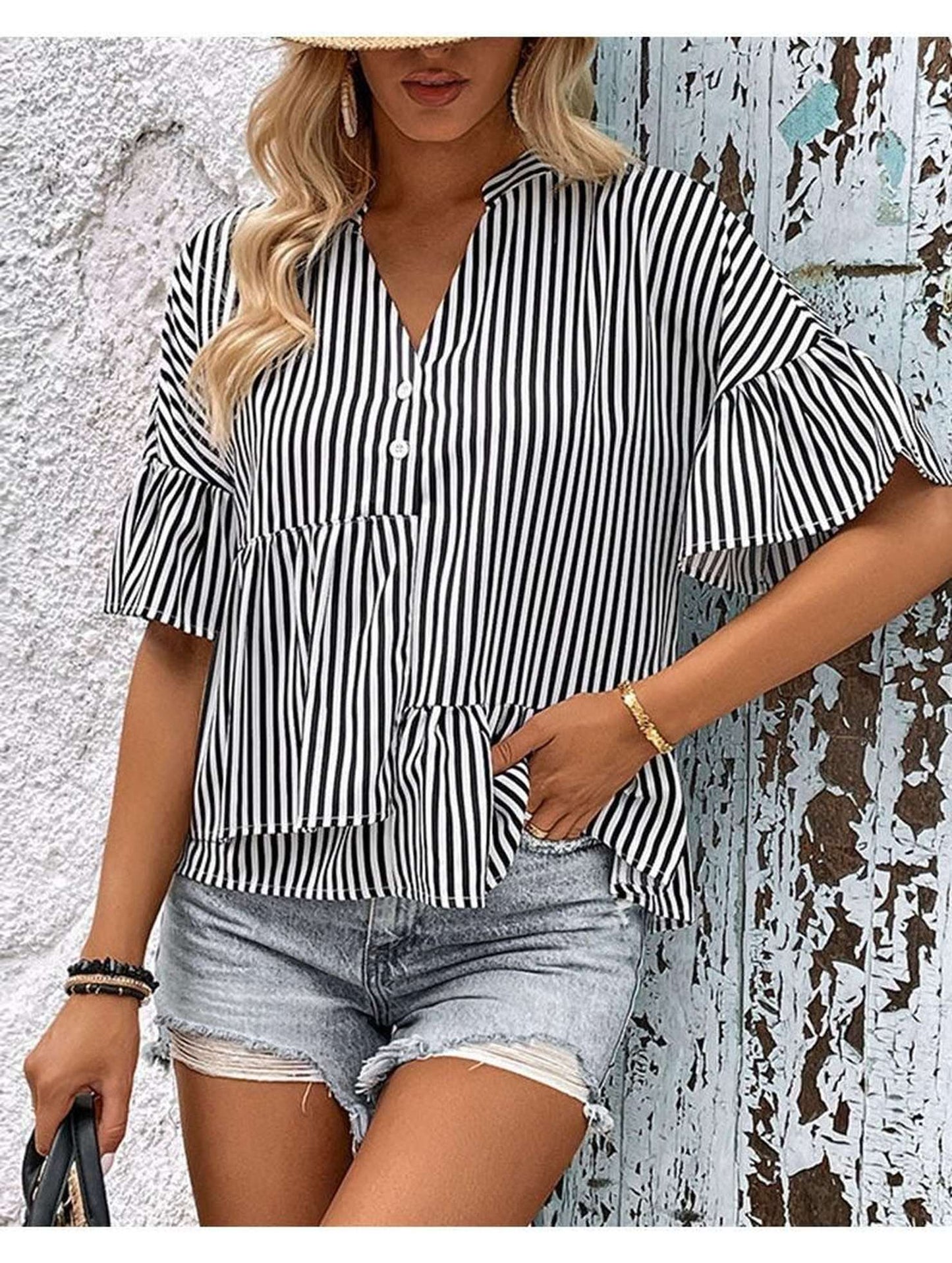 BUTTON NECK RUFFLE SLEEVE STRIPE TUNIC TOP - Doublju