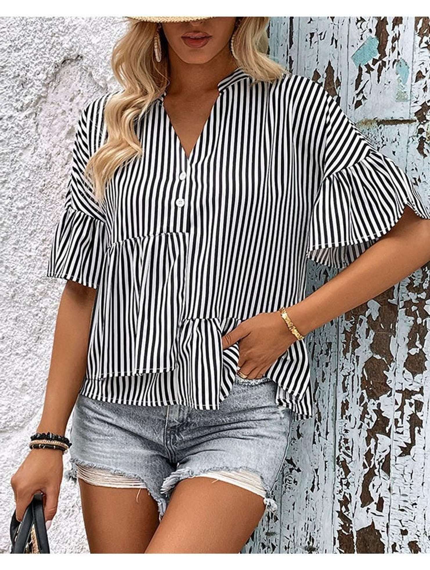 BUTTON NECK RUFFLE SLEEVE STRIPE TUNIC TOP - Doublju