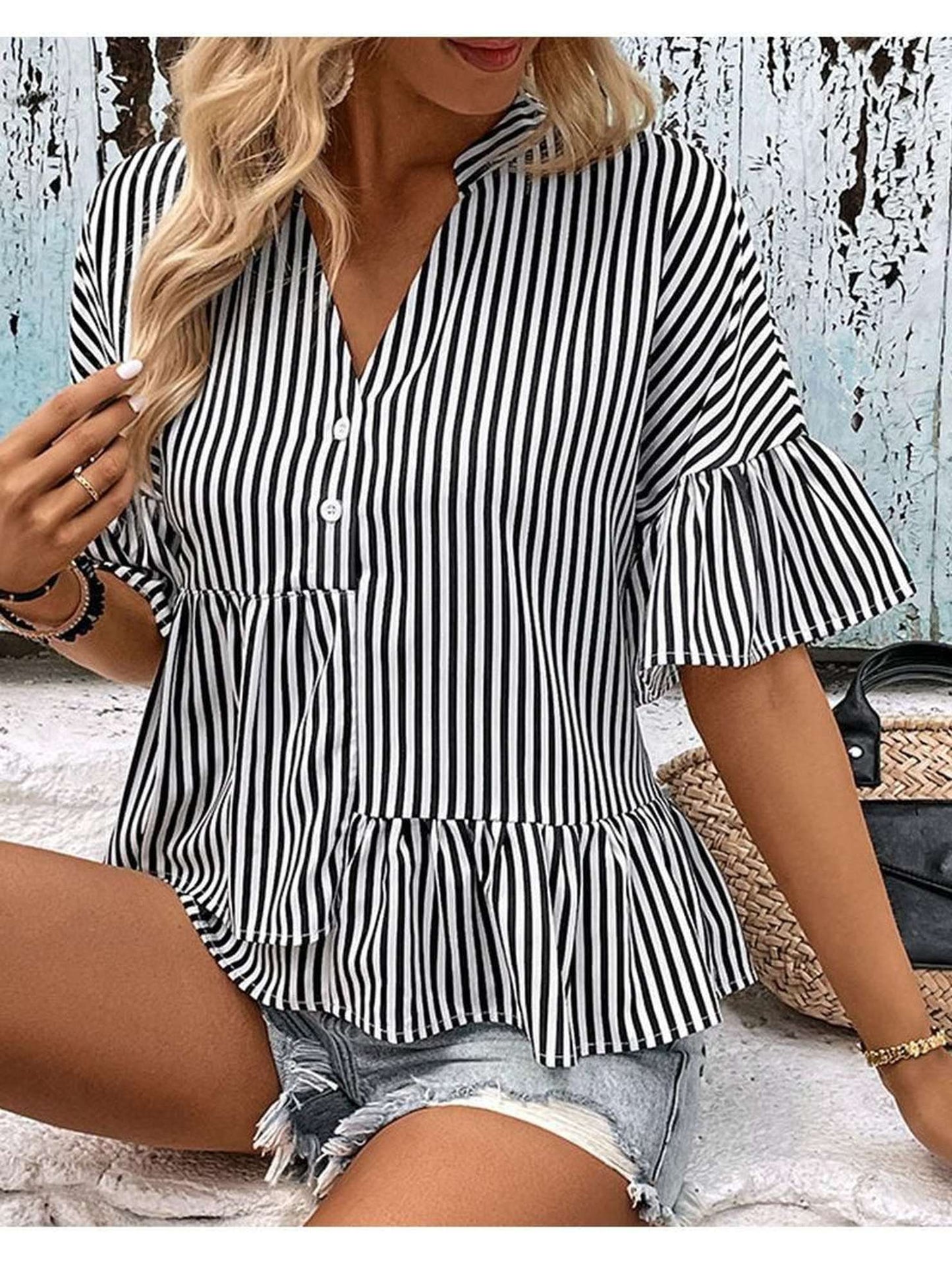 BUTTON NECK RUFFLE SLEEVE STRIPE TUNIC TOP - Doublju