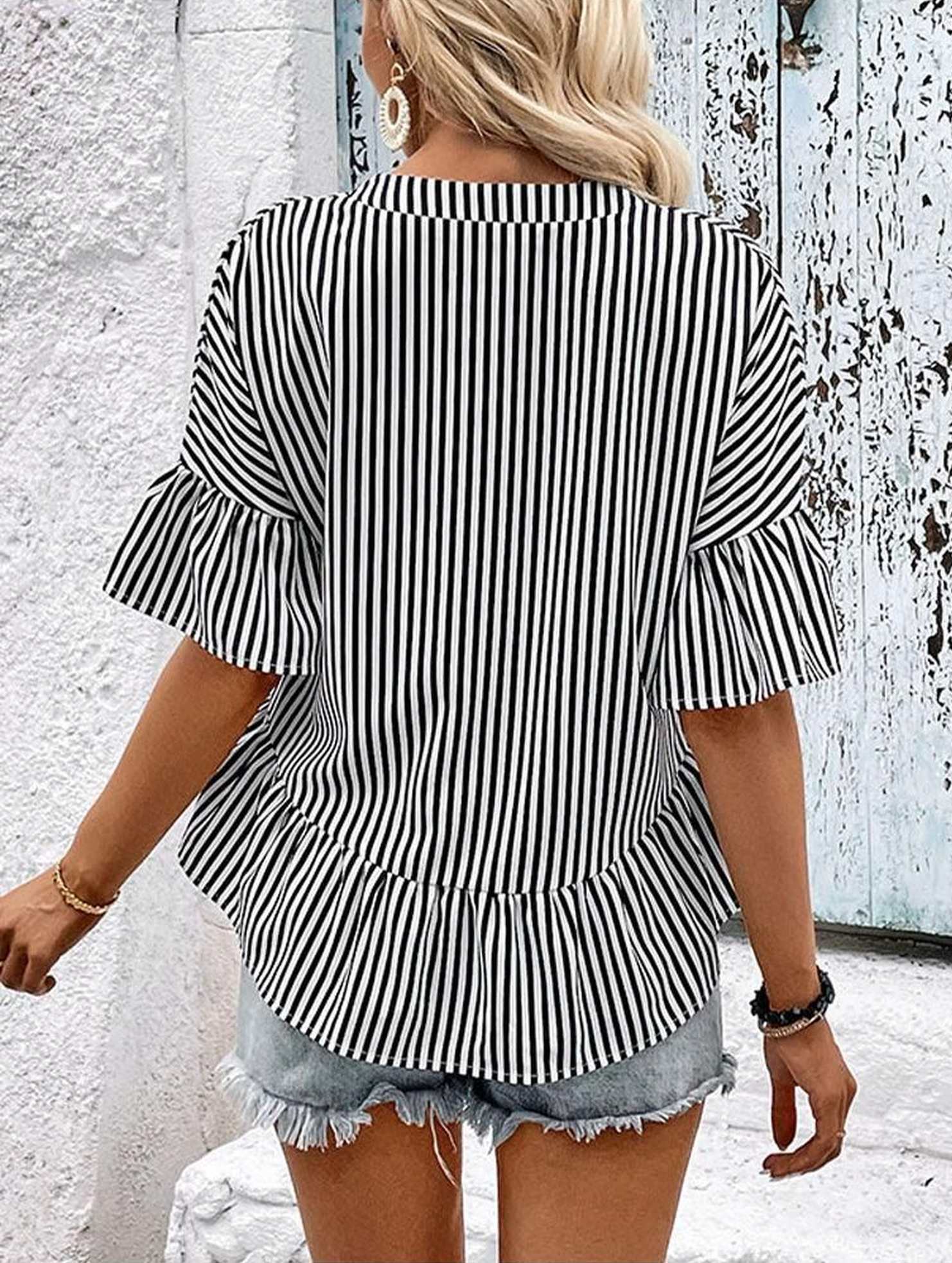 BUTTON NECK RUFFLE SLEEVE STRIPE TUNIC TOP - Doublju