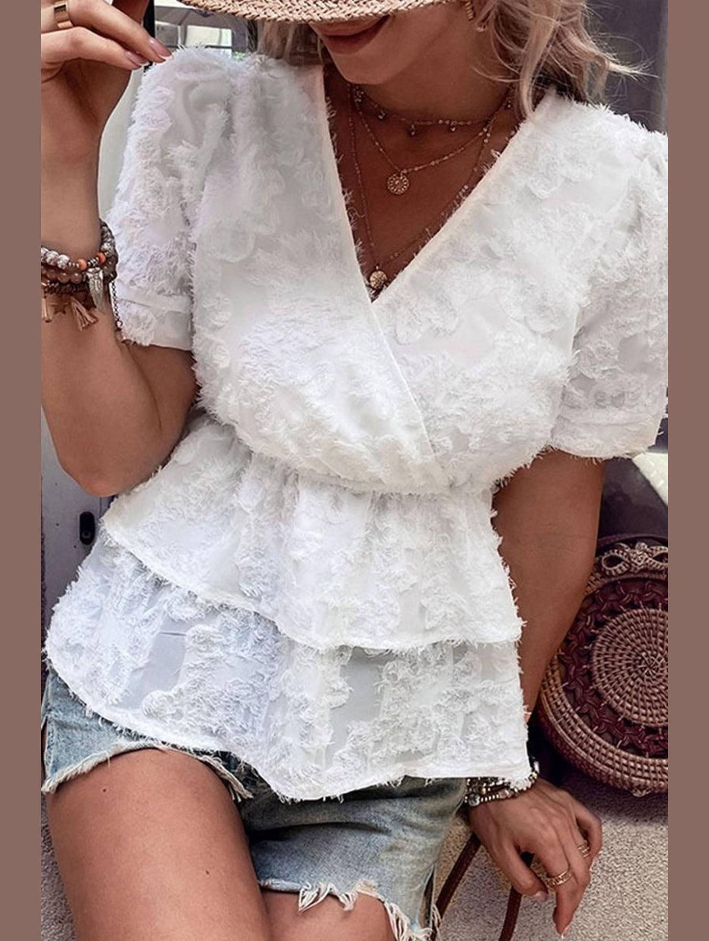WHITE SHORT SLEEVE TIERED TUNIC - Doublju