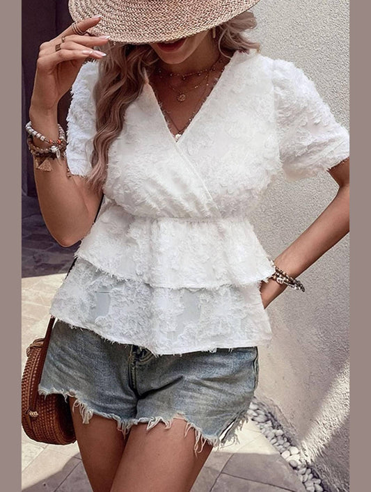 WHITE SHORT SLEEVE TIERED TUNIC - Doublju