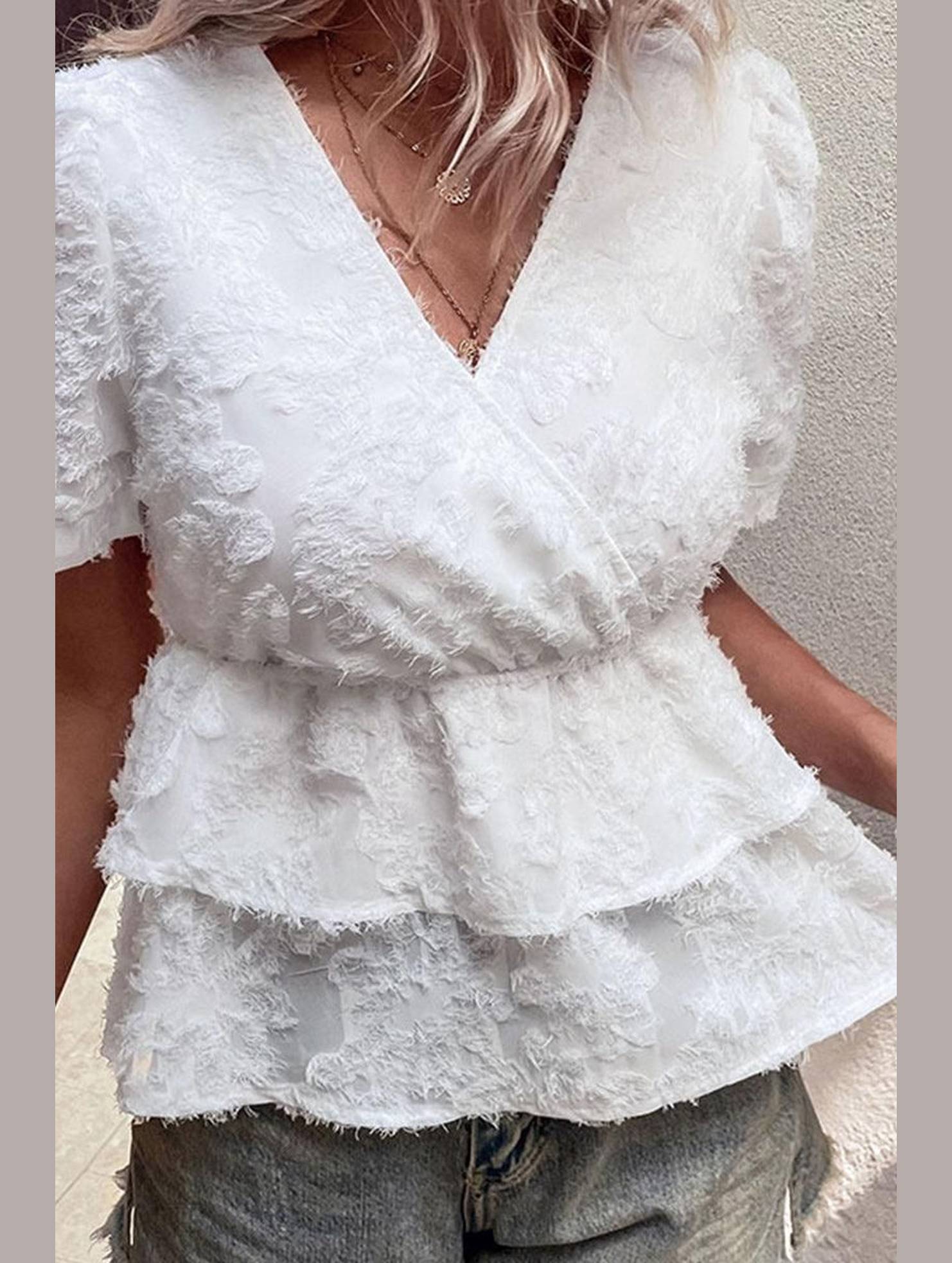 WHITE SHORT SLEEVE TIERED TUNIC - Doublju