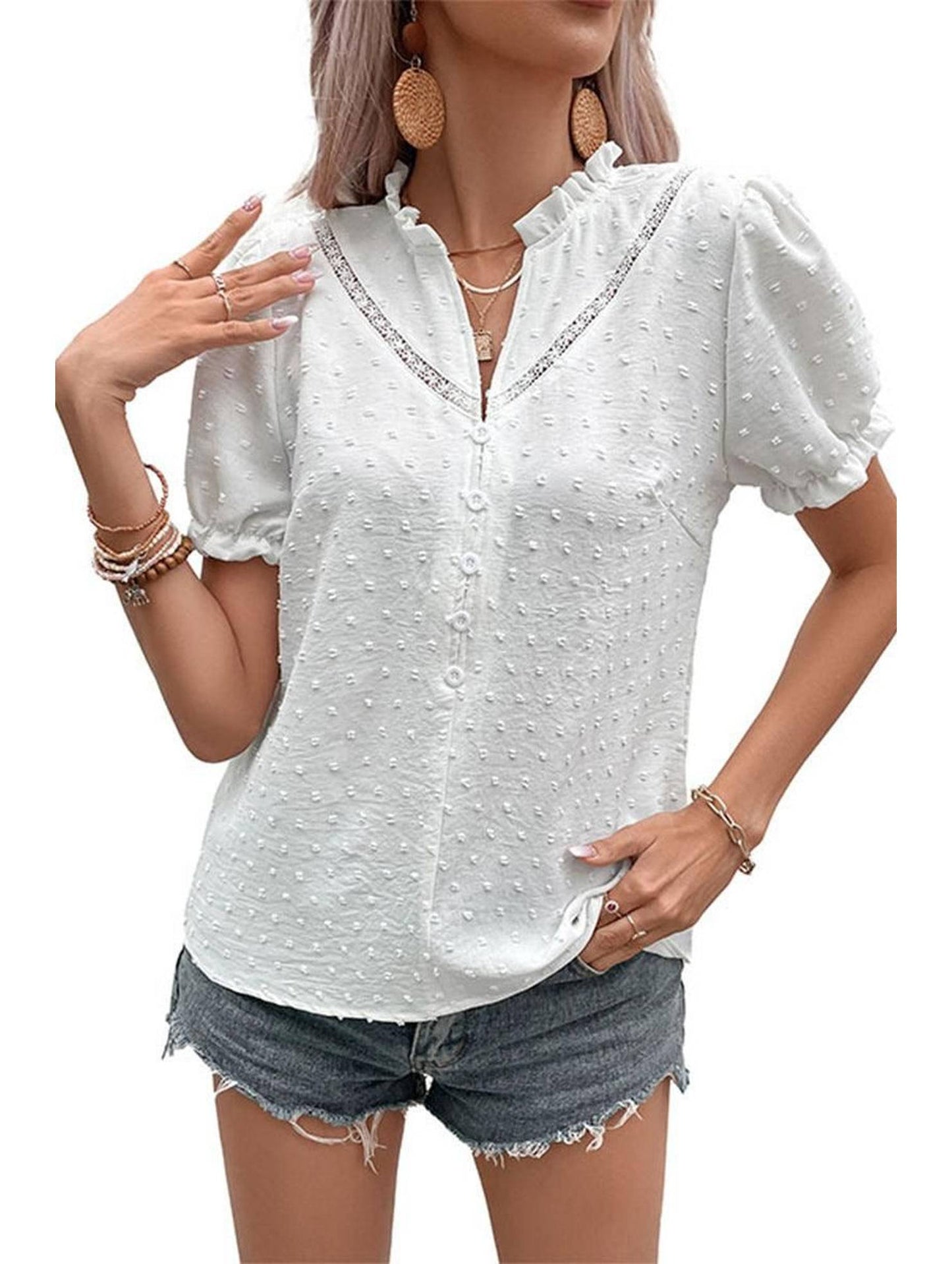 RUFFLED NECK LACE SWISS DOT LOOSE T SHIRT - Doublju