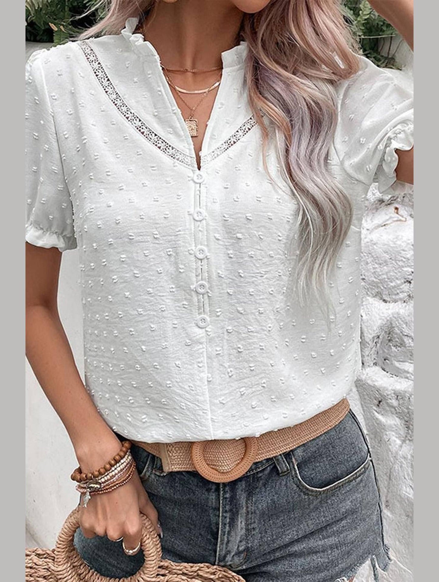 RUFFLED NECK LACE SWISS DOT LOOSE T SHIRT - Doublju