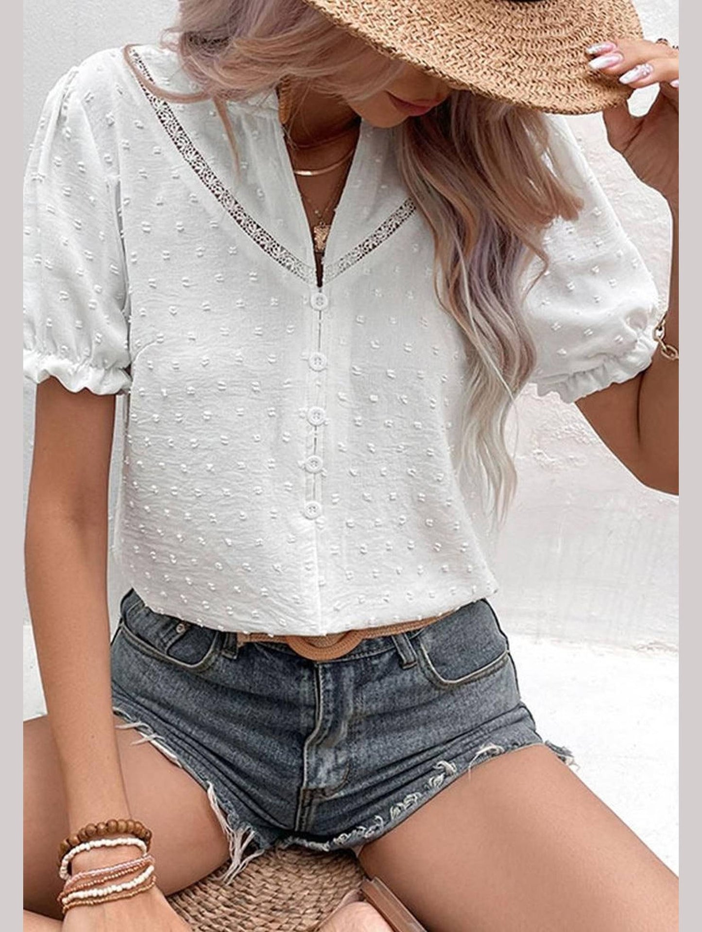 RUFFLED NECK LACE SWISS DOT LOOSE T SHIRT - Doublju