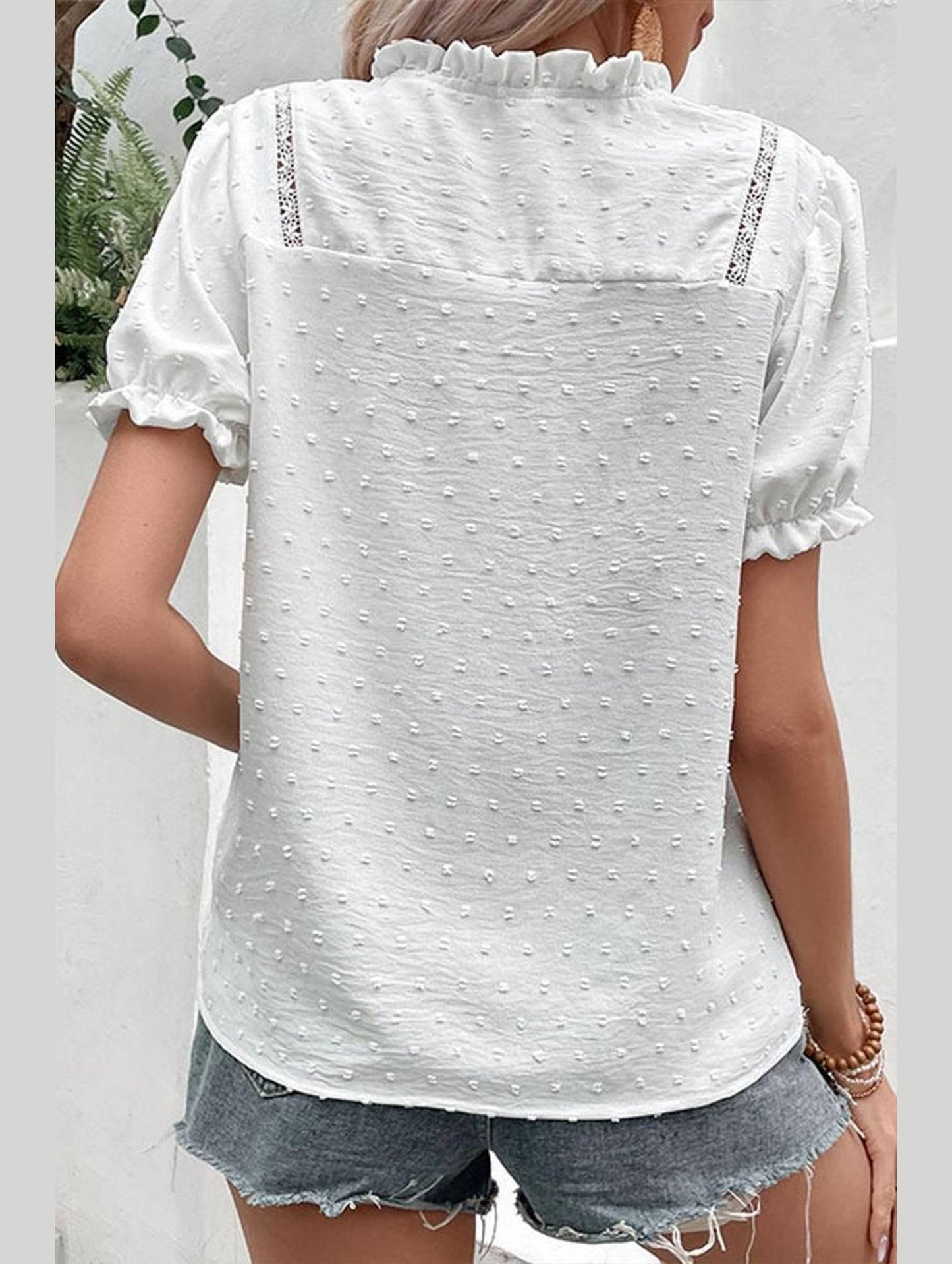 RUFFLED NECK LACE SWISS DOT LOOSE T SHIRT - Doublju