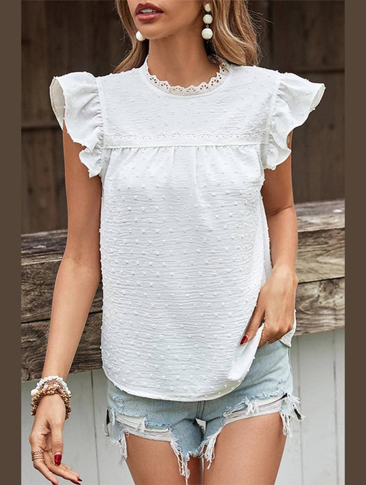 WOMEN ANGEL SLEEVE LACED HIGH NECK SWISS DOT TEE - Doublju
