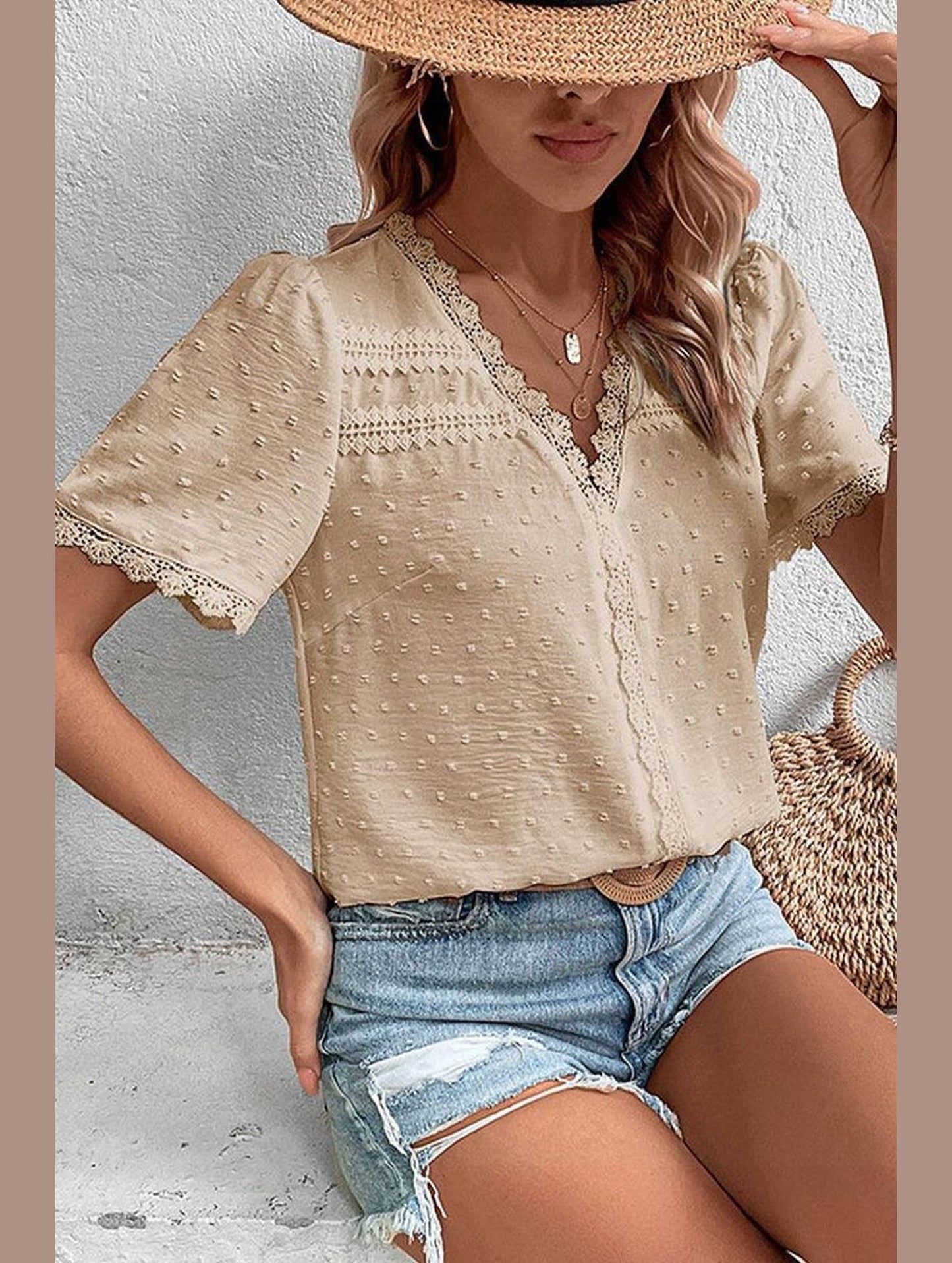 WOMEN SWISS DOT LACE TRIM NECK SHORT T SHIRT - Doublju