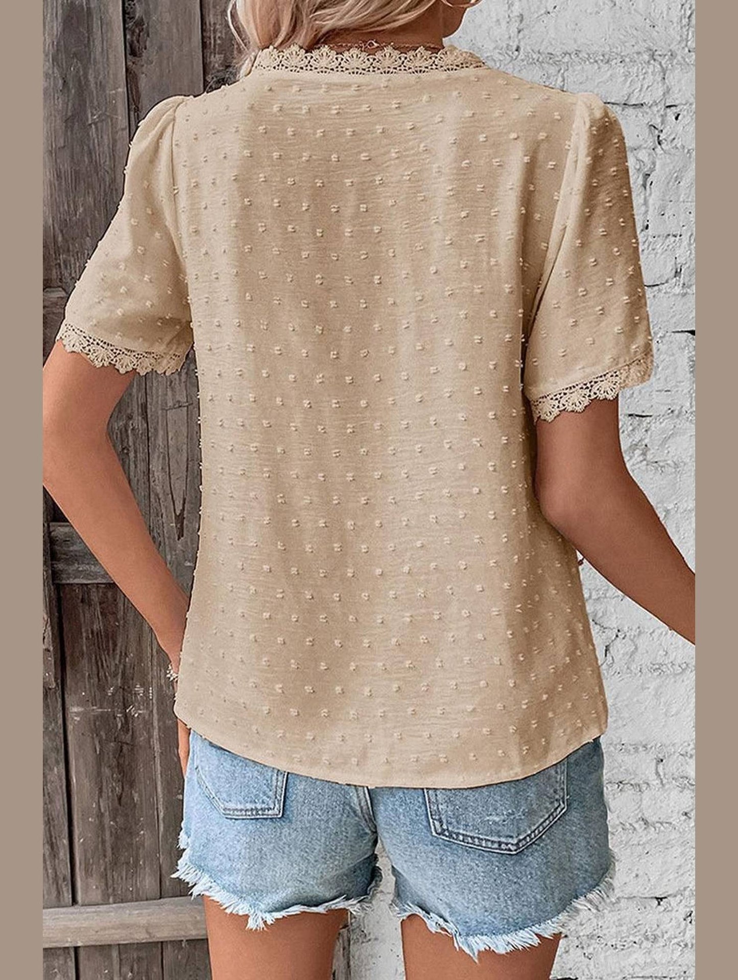 WOMEN SWISS DOT LACE TRIM NECK SHORT T SHIRT - Doublju