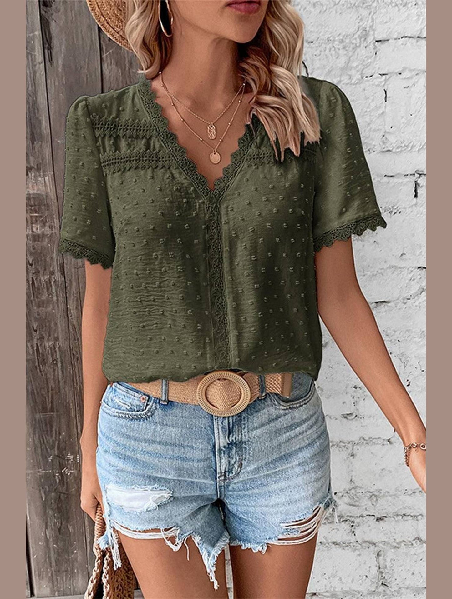 WOMEN SWISS DOT LACE TRIM NECK SHORT T SHIRT - Doublju