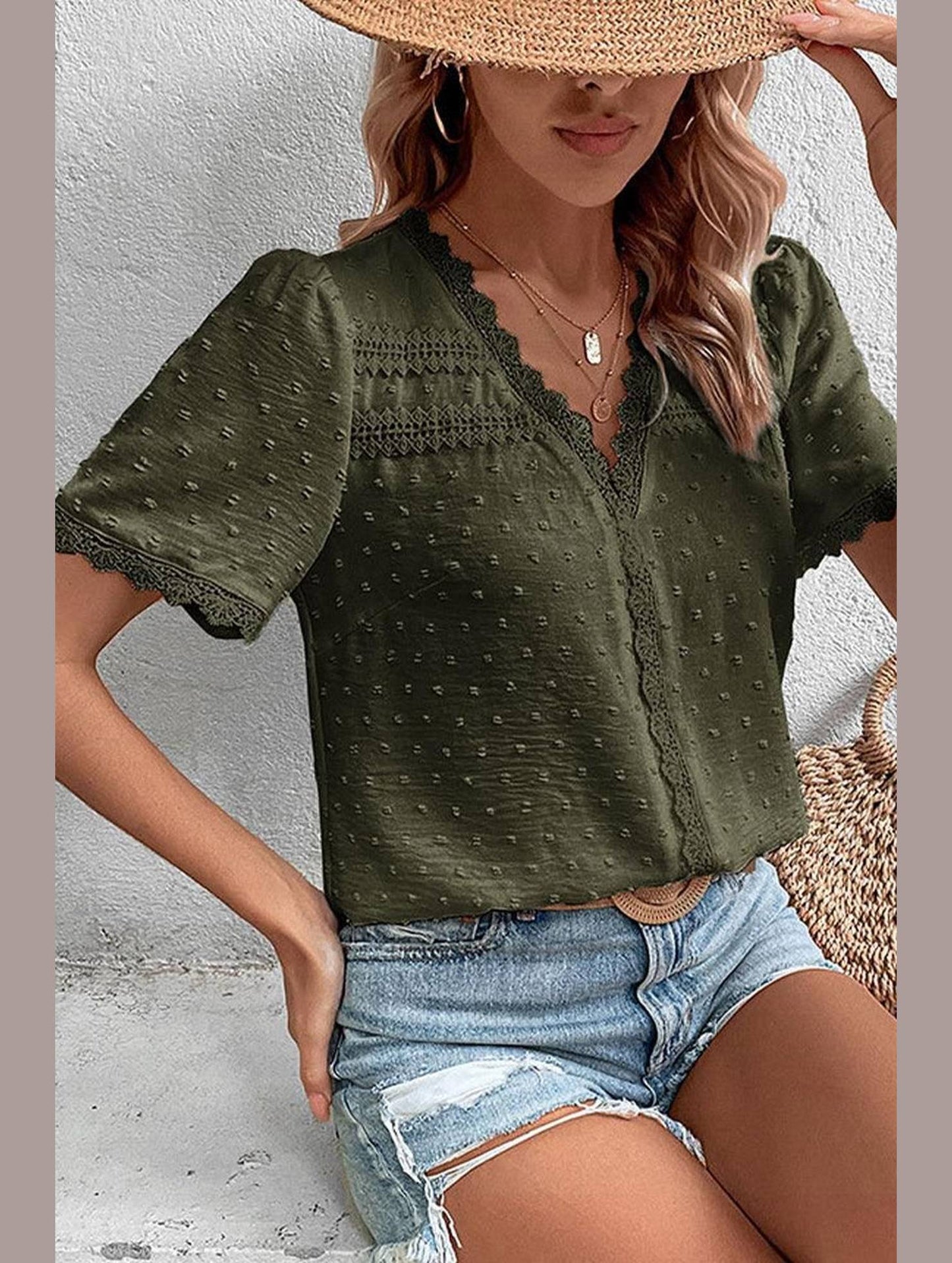 WOMEN SWISS DOT LACE TRIM NECK SHORT T SHIRT - Doublju