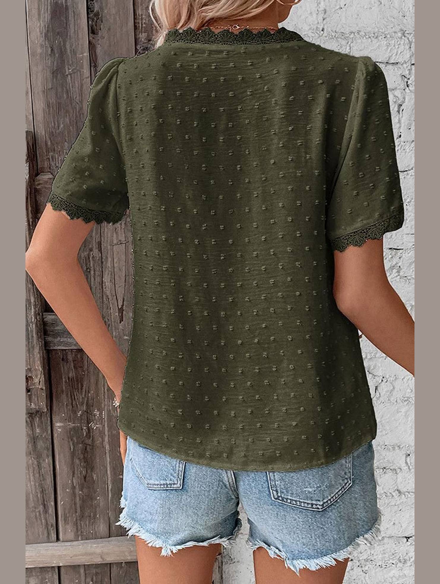 WOMEN SWISS DOT LACE TRIM NECK SHORT T SHIRT - Doublju