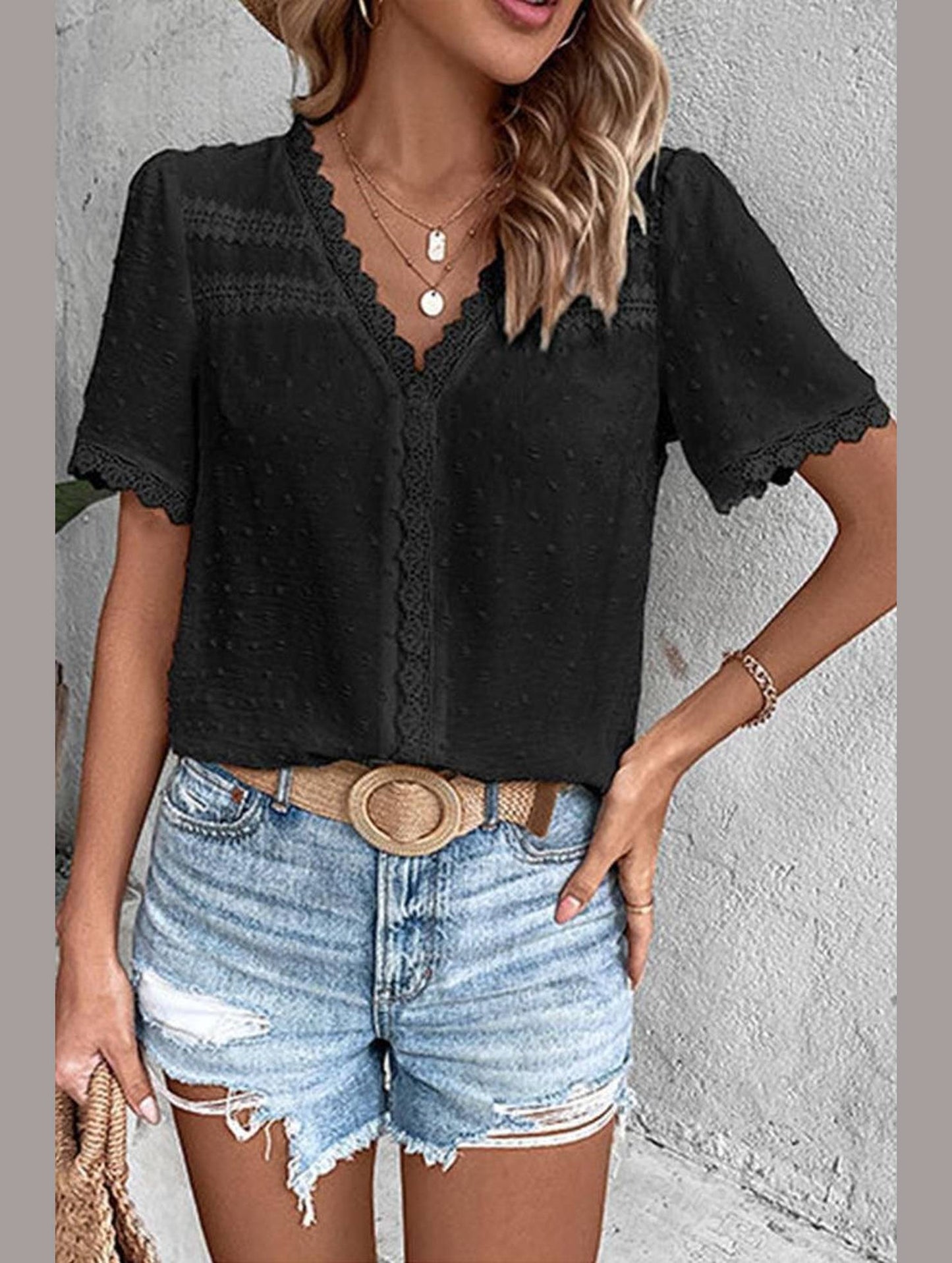 WOMEN SWISS DOT LACE TRIM NECK SHORT T SHIRT - Doublju