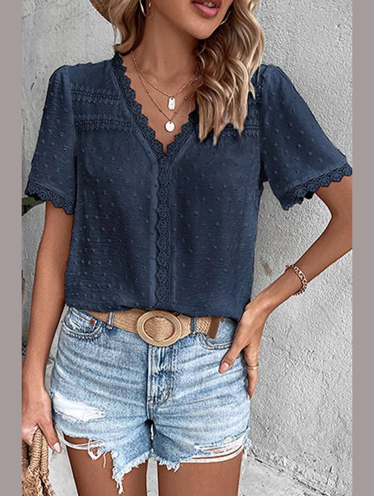 WOMEN SWISS DOT LACE TRIM NECK SHORT T SHIRT - Doublju