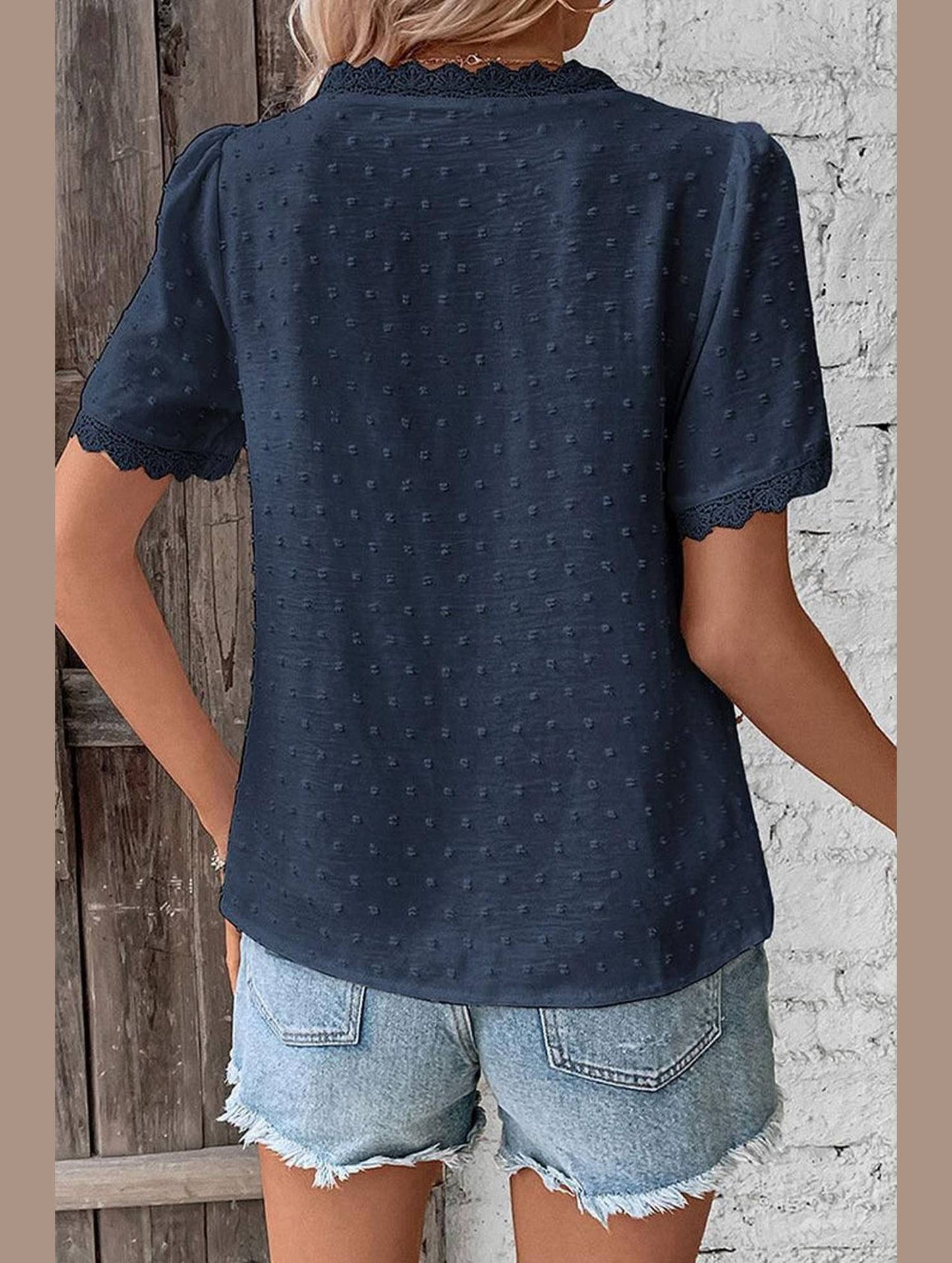 WOMEN SWISS DOT LACE TRIM NECK SHORT T SHIRT - Doublju