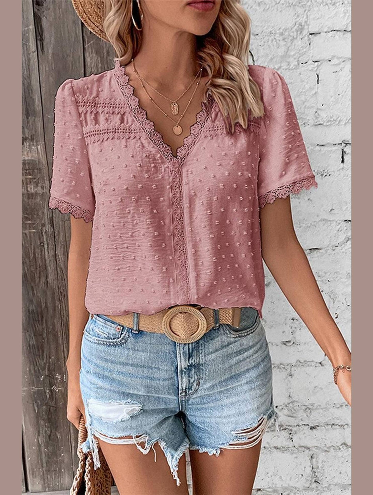 WOMEN SWISS DOT LACE TRIM NECK SHORT T SHIRT - Doublju